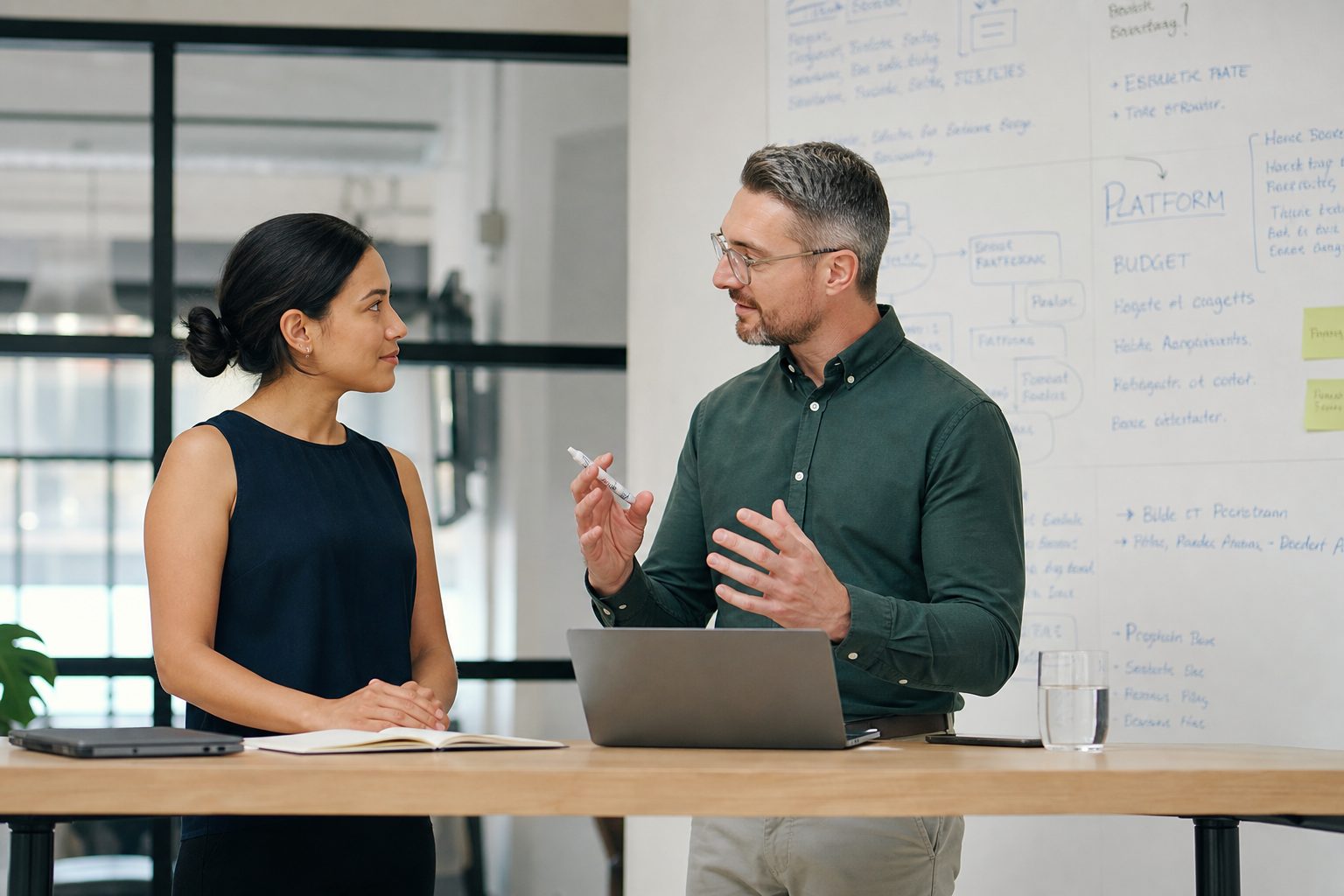 Two professionals discussing AI search strategy at a standing desk