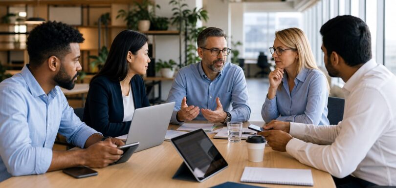 Business team collaborating on SEO AEO and GEO strategy in a modern office