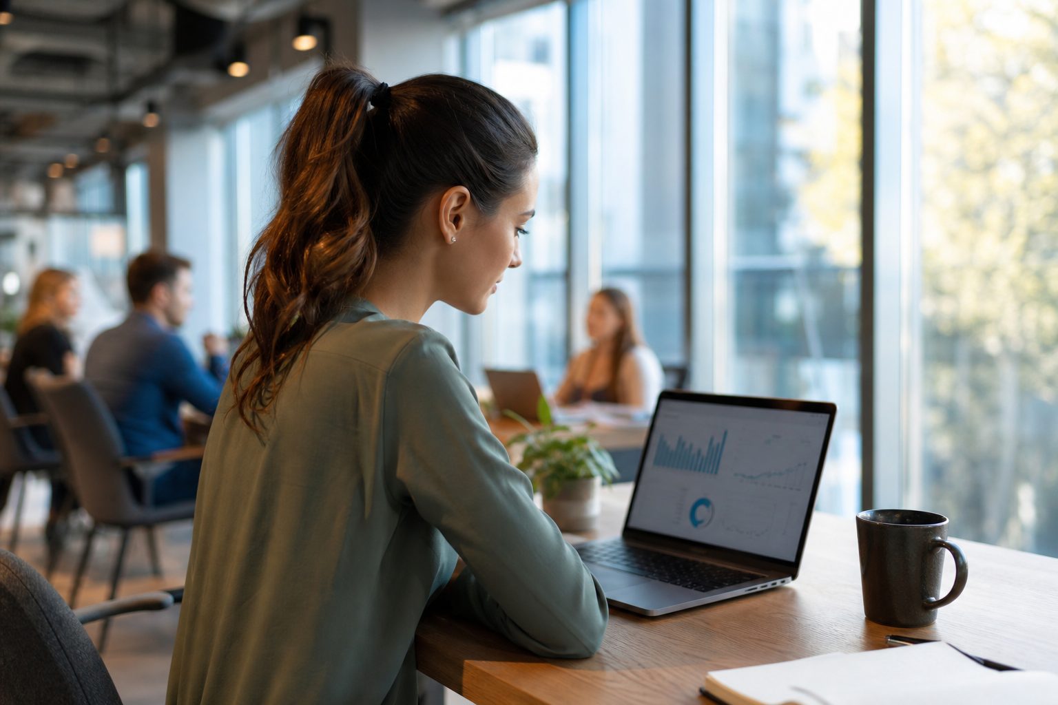 Business professional reviewing search analytics and AI visibility data on laptop