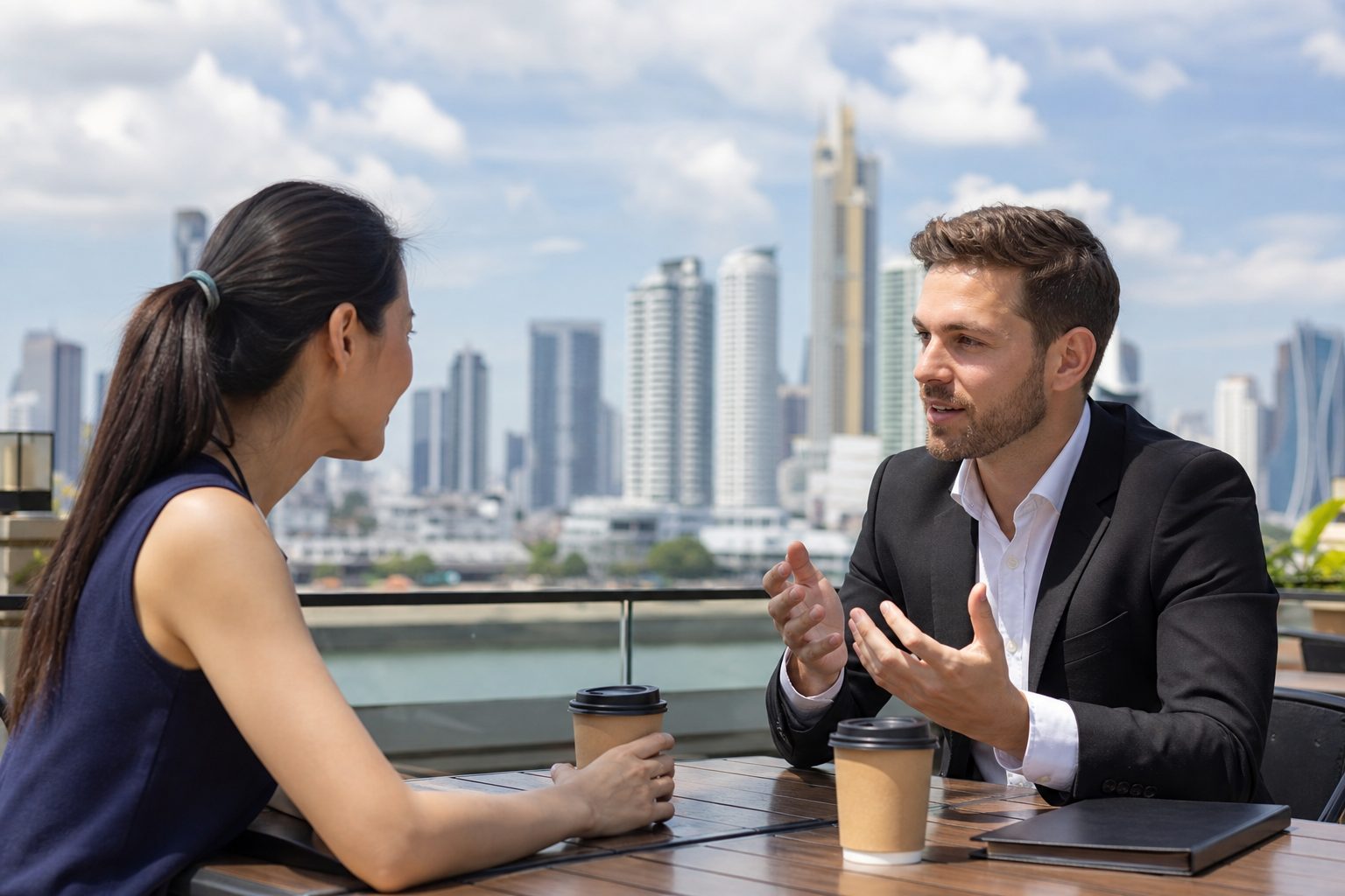 Two professionals discussing digital marketing strategy at an outdoor meeting