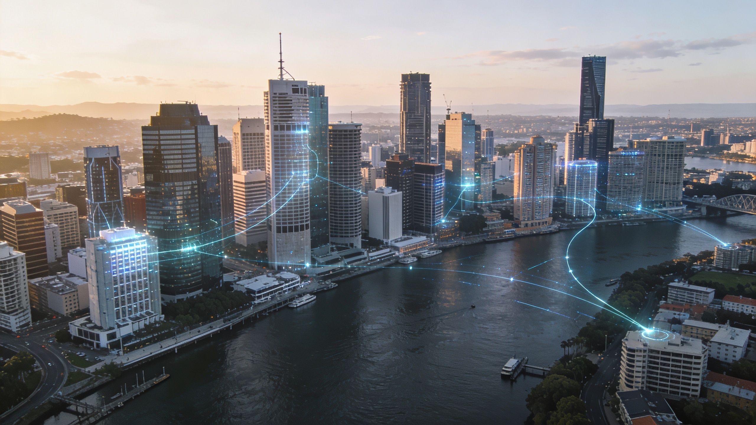An aerial view of the Brisbane city skyline overlaid with glowing blue digital data connection networks.