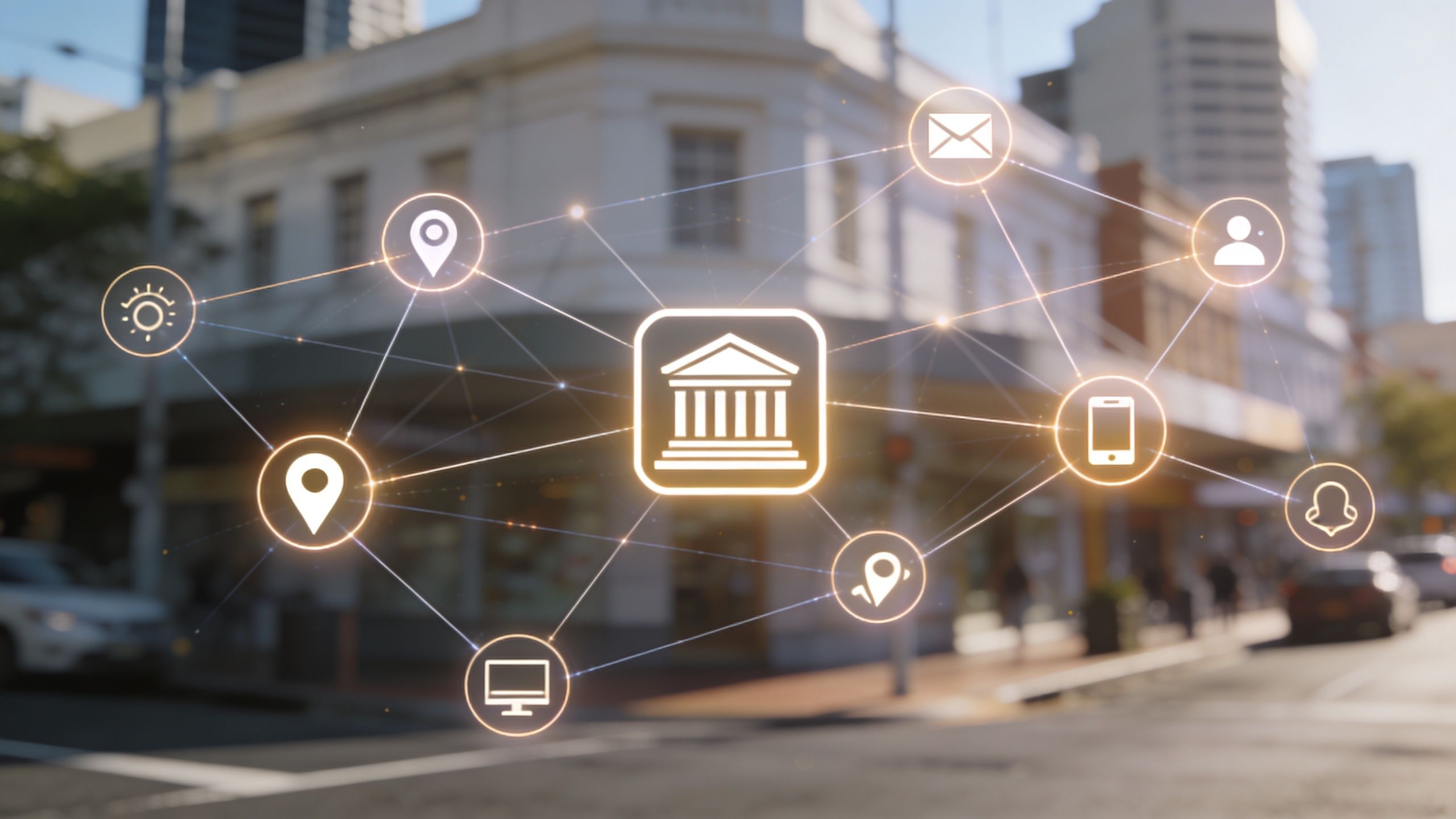 A digital graphic of a bank icon connected to various communication and location icons over a Brisbane street.