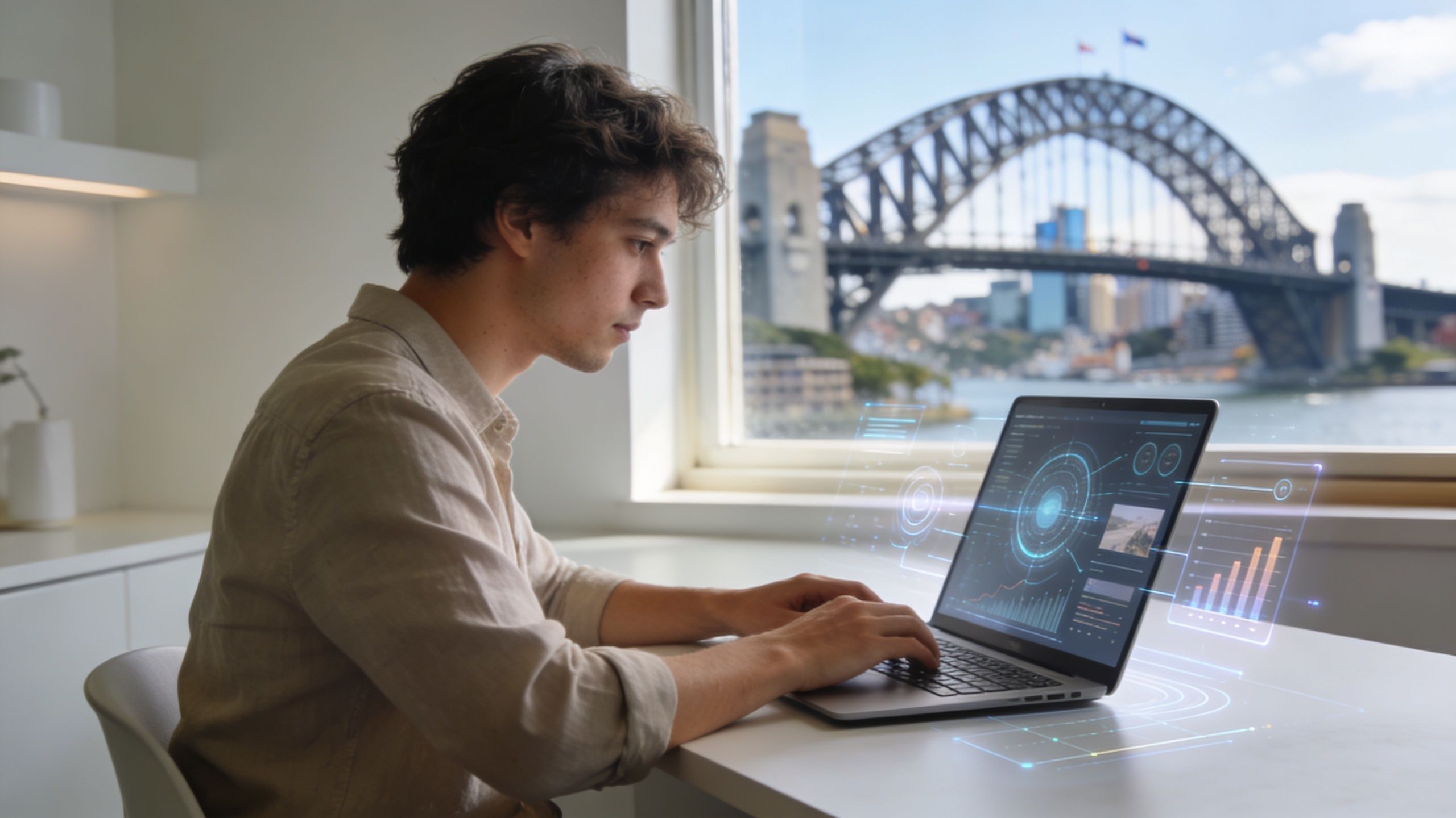 A young professional working on a laptop with futuristic data visualization interfaces overlooking the Sydney Harbour Bridge.