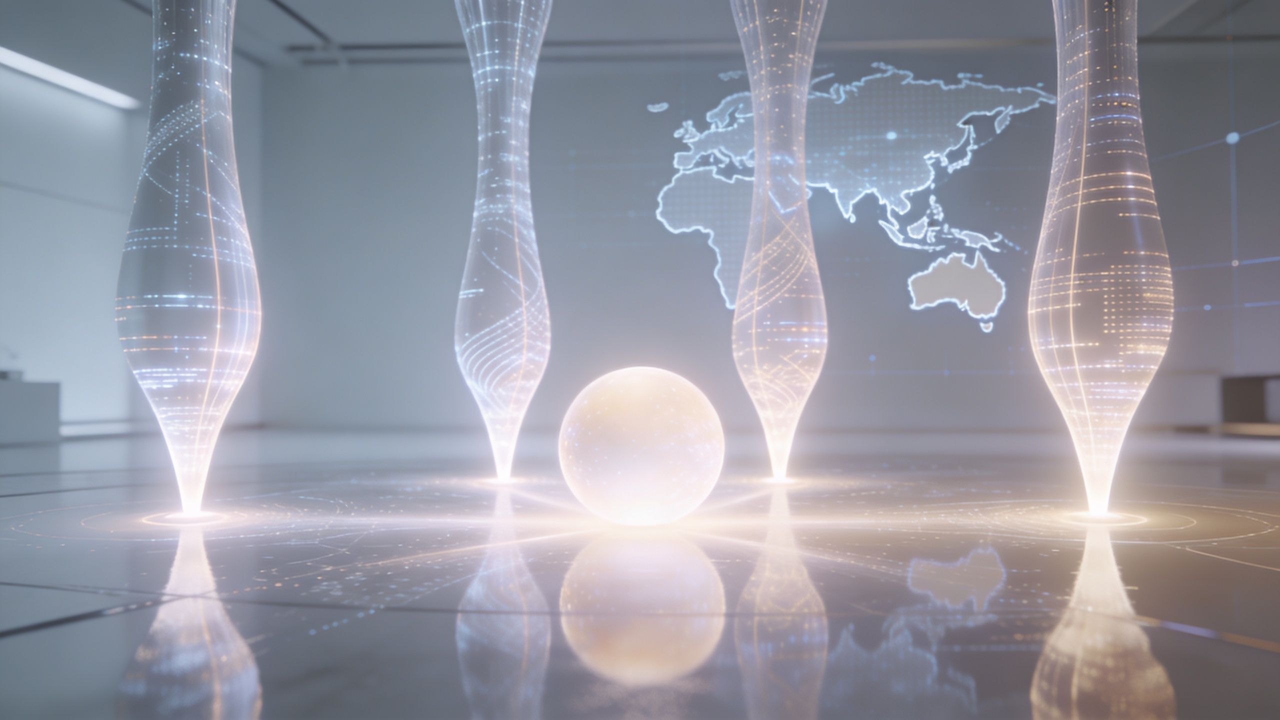 A futuristic digital installation with glowing light pillars and a central orb against a world map background.