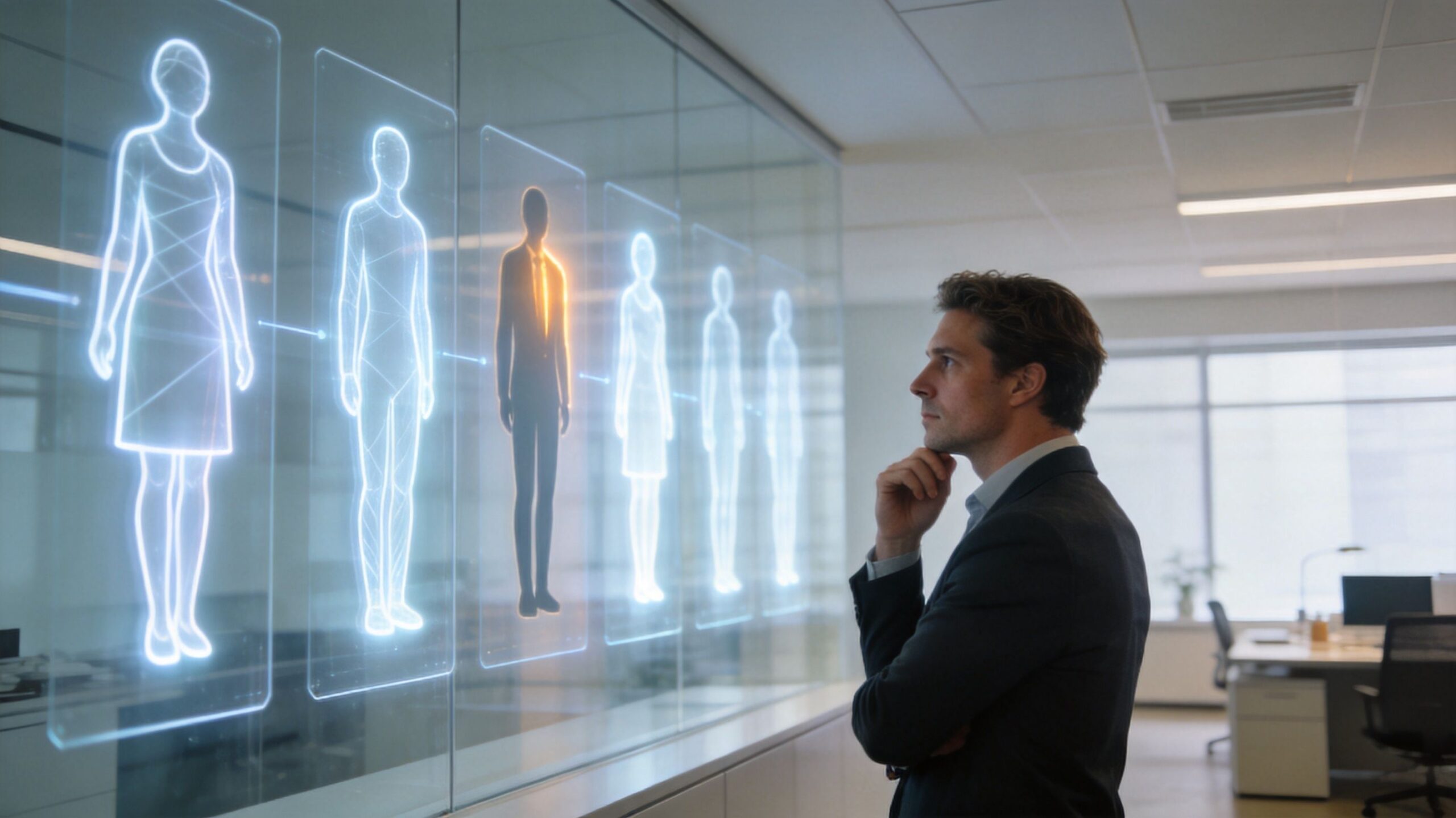 A professional man looking at digital silhouettes of people on a glass wall in an office.