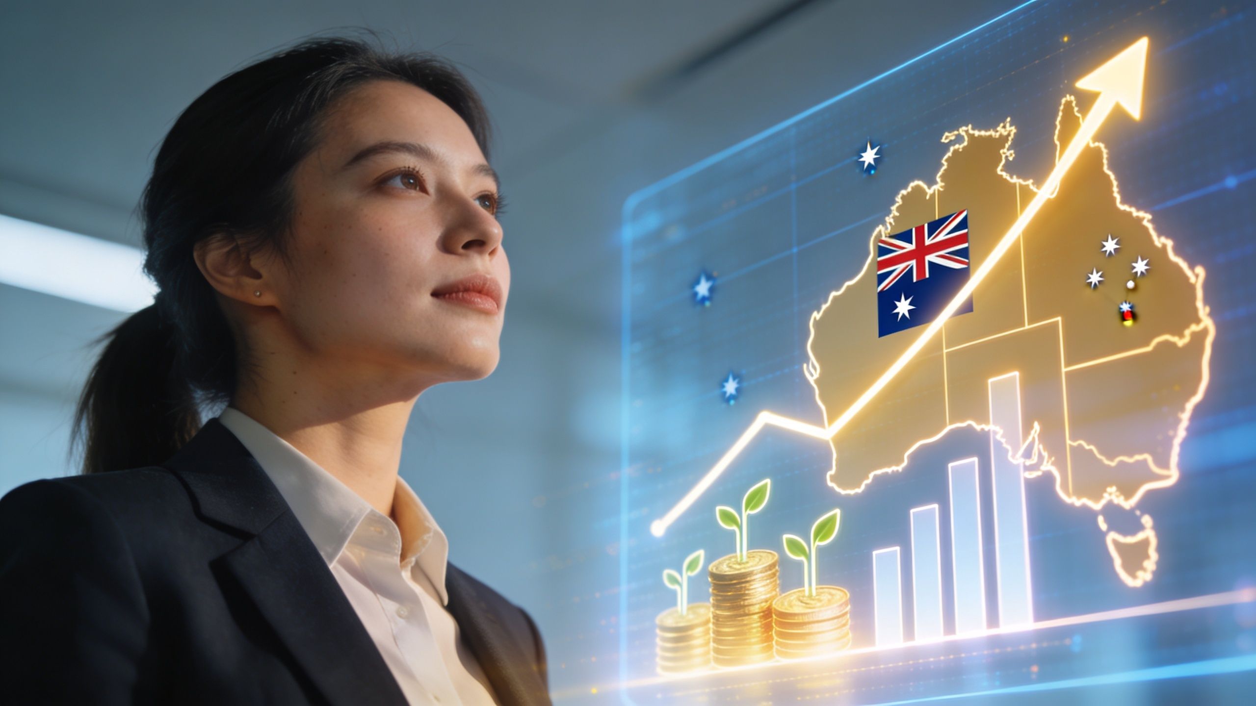 A professional woman looking at a digital holographic display showcasing Australia's economic growth and investment potential.