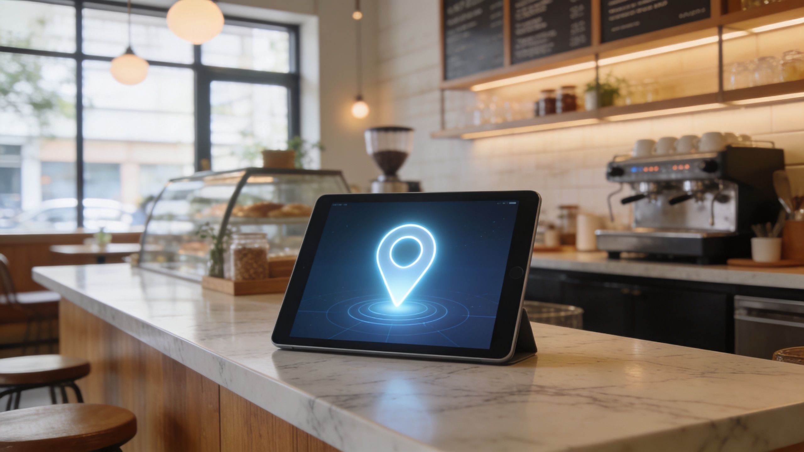 A digital tablet displaying a glowing location pin icon on a marble cafe counter for local search services.