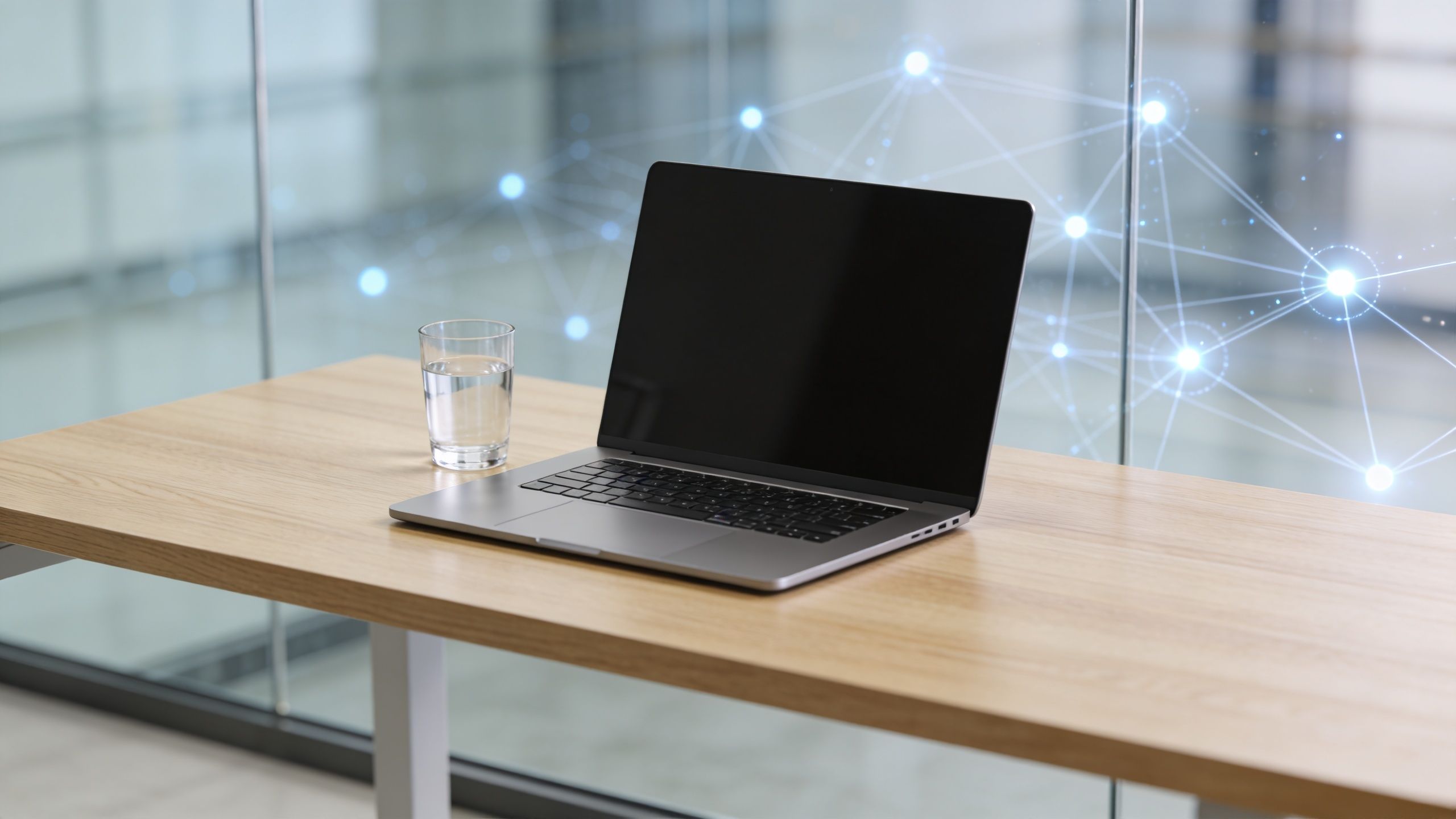 A modern laptop and a glass of water sit on a wooden office desk in front of glass.