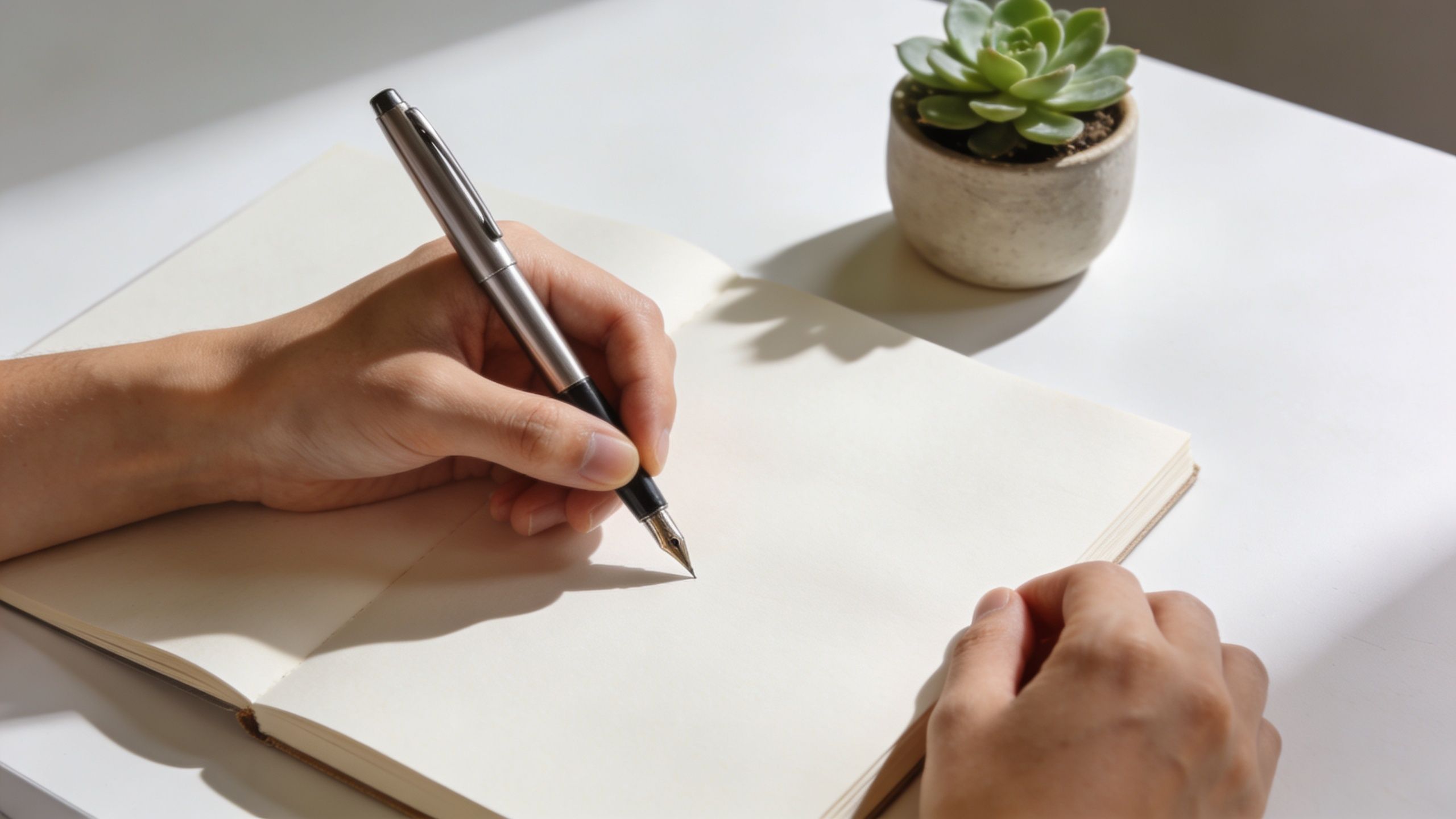 A person writing in a blank notebook with a silver fountain pen next to a potted succulent
