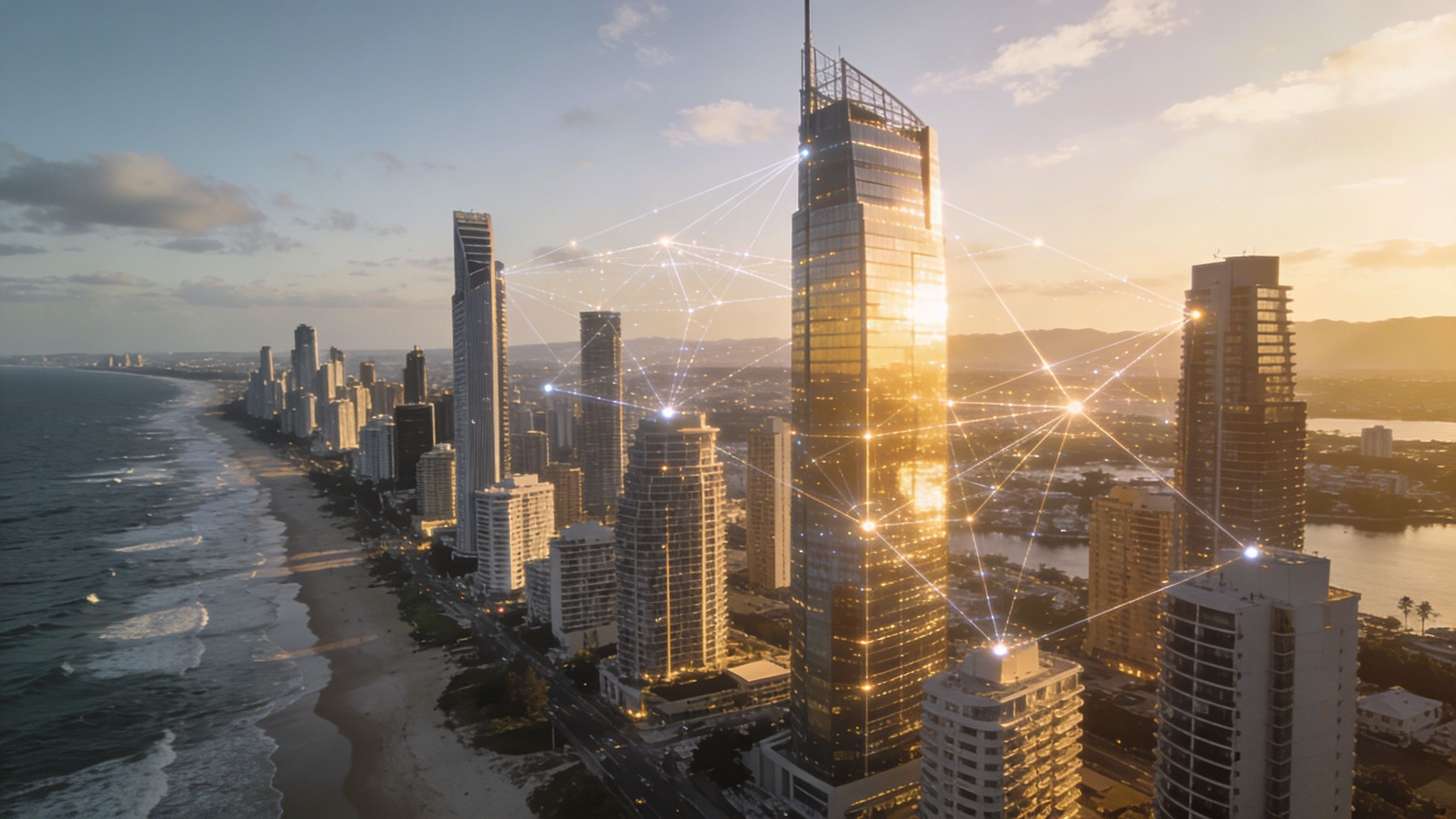 A scenic aerial view of Gold Coast city skyline at sunset with digital network connectivity graphics overlaid.