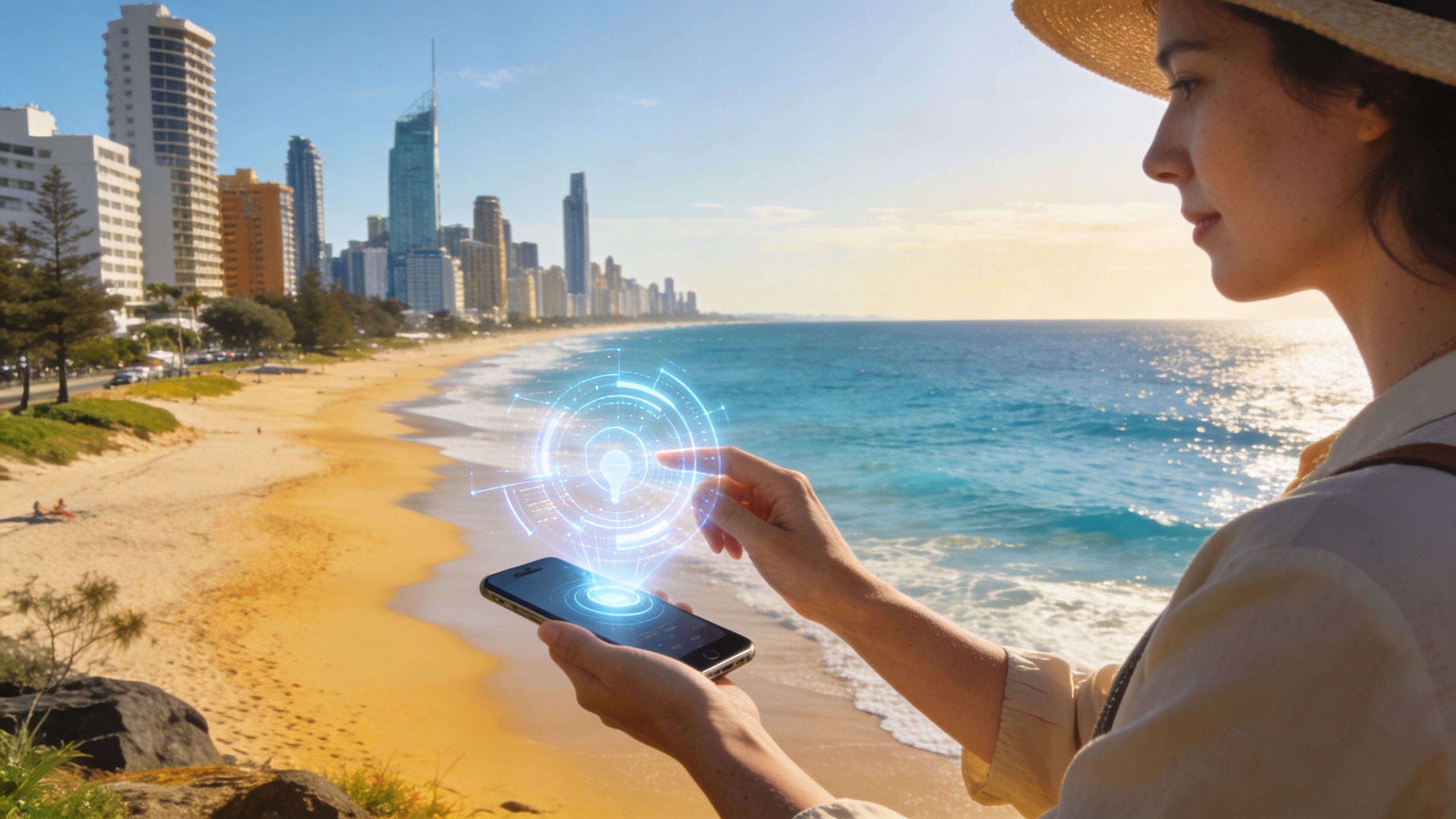 A woman wearing a straw hat using a smartphone to interact with a futuristic digital interface at a beach.
