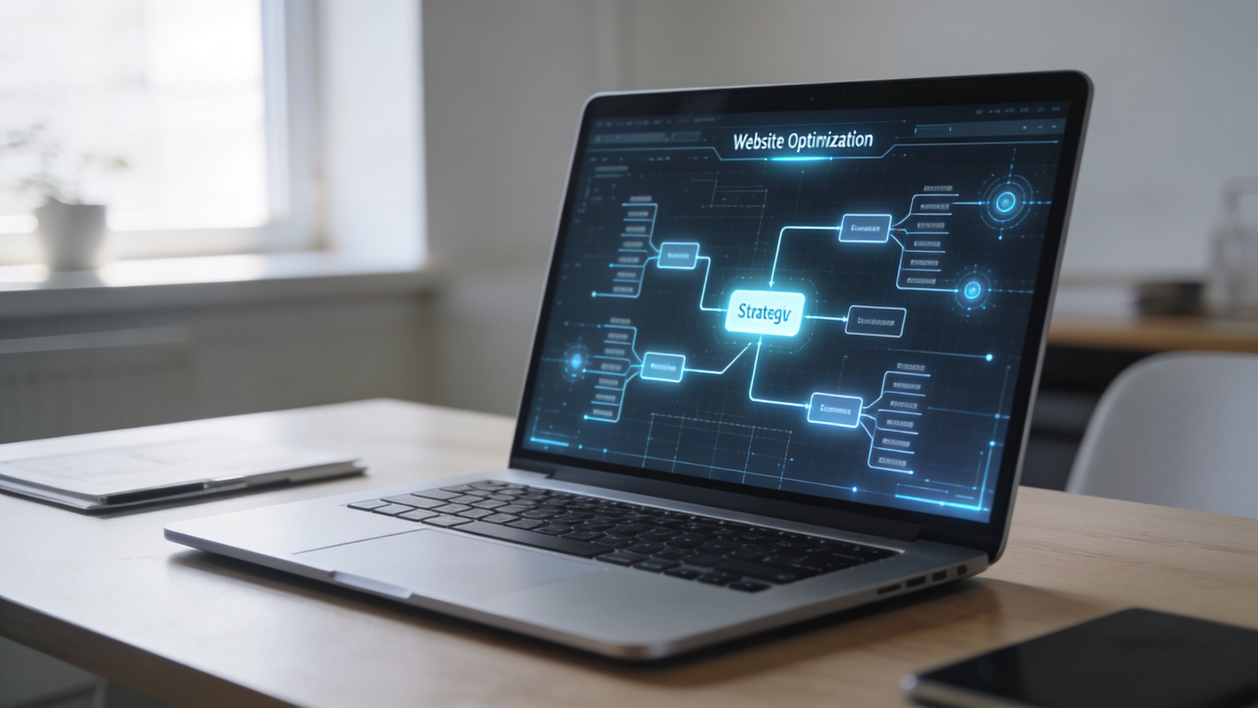 A modern laptop on a wooden desk displaying a digital website optimization strategy mind map interface.