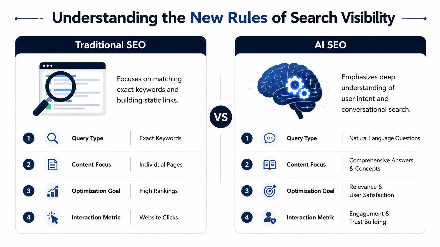 A comparison infographic showing the key differences between traditional SEO and AI-driven search engine optimization strategies.