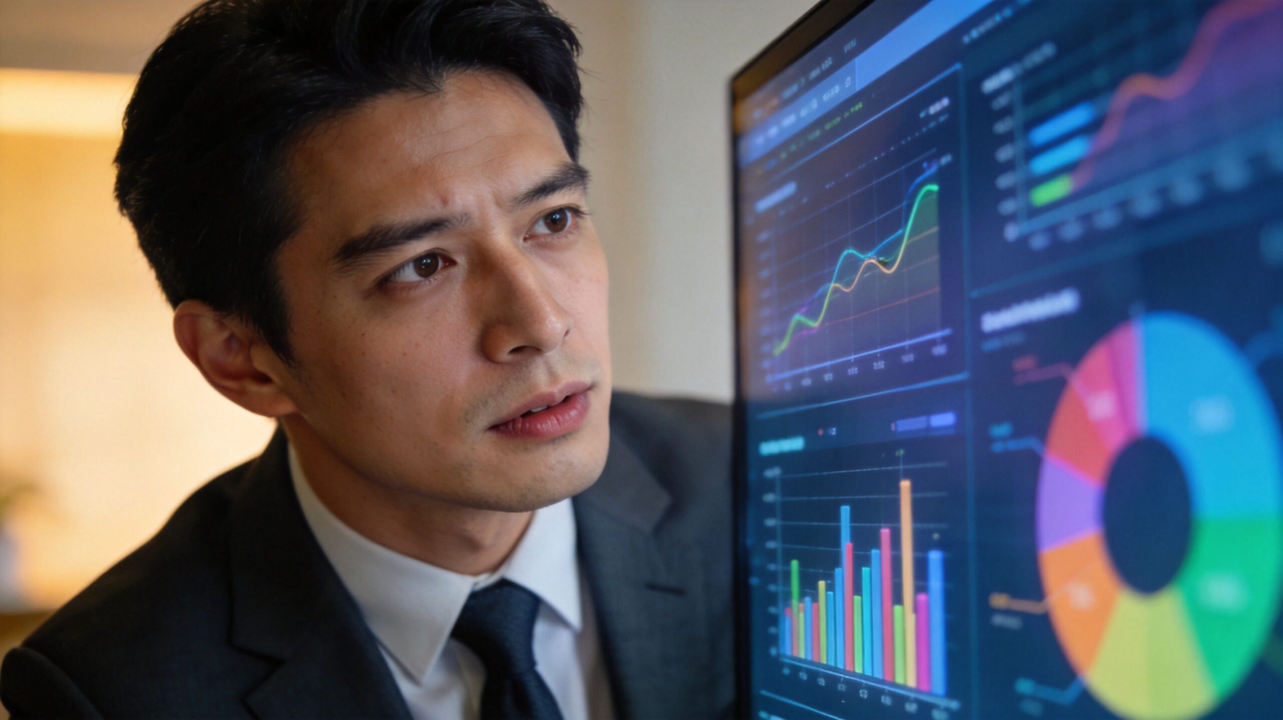 A professional man in a suit looking closely at a monitor displaying complex data and financial charts.