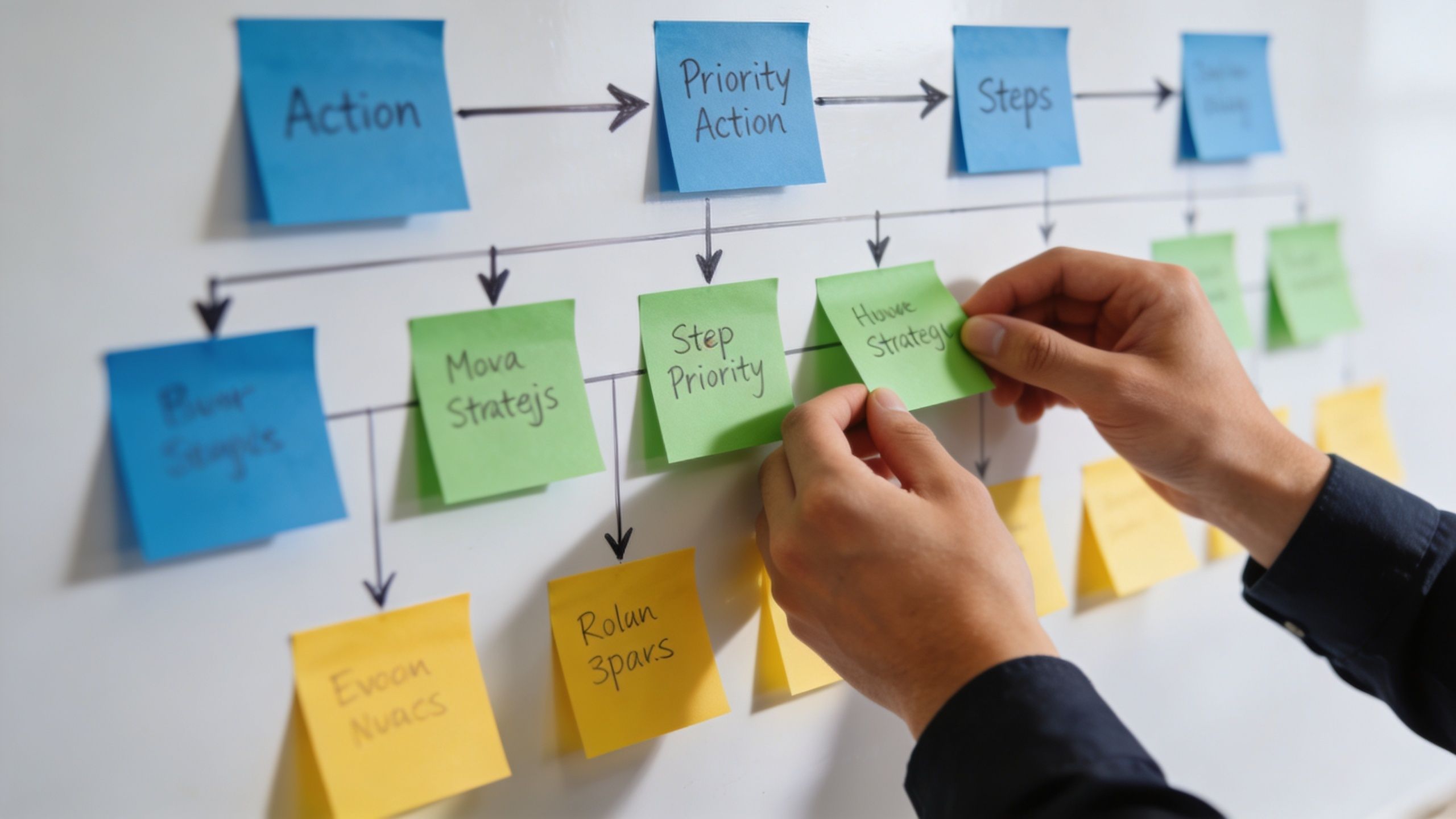A person organizing colorful sticky notes on a whiteboard to structure a strategic business process plan.
