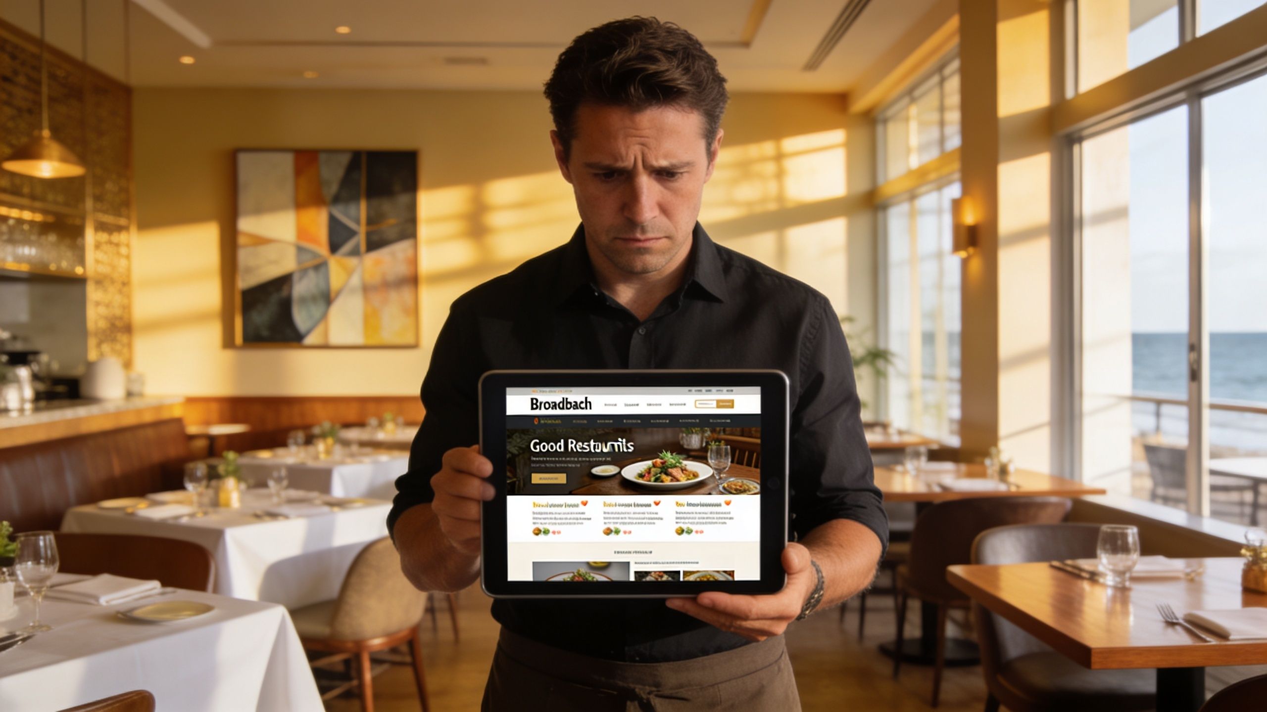 A focused man holds a tablet displaying a restaurant website while standing in a dining area.