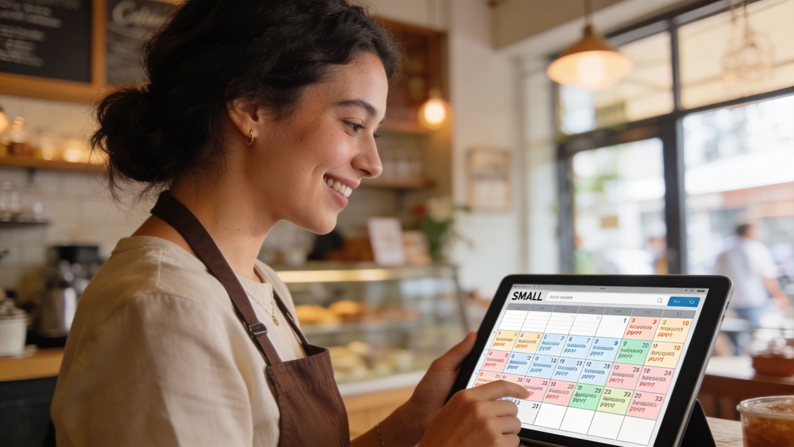A friendly barista in a cafe uses a tablet to check a digital work schedule calendar.