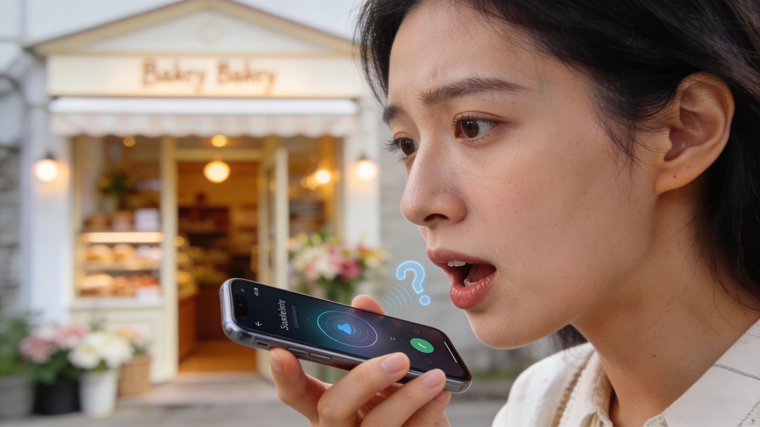 A woman holding a smartphone and appearing surprised while using voice recognition software in front of a bakery.