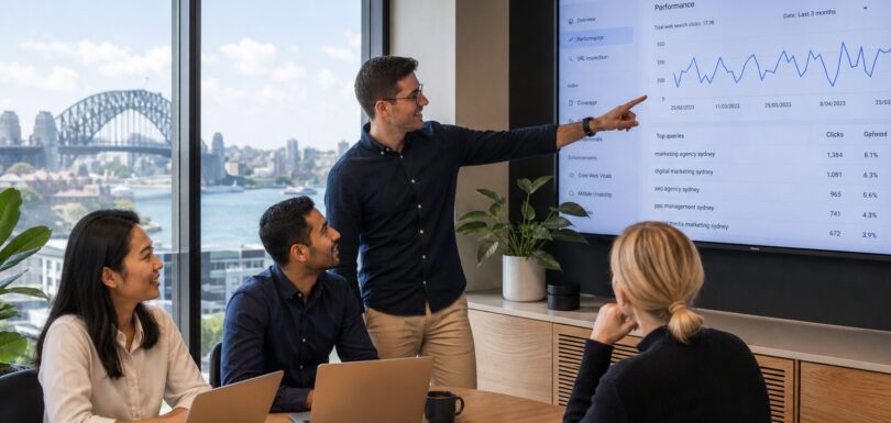 Business team reviewing AI search analytics in a modern Australian office