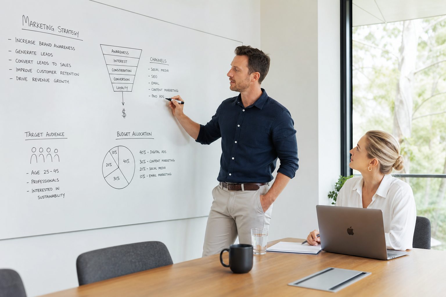 Two professionals planning AI search strategy in modern boardroom