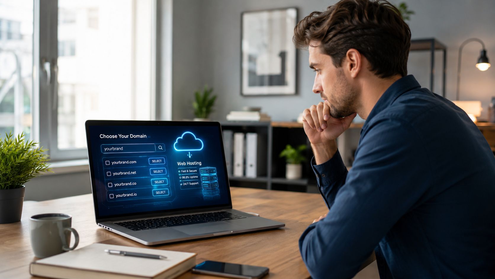 A focused man looking at his laptop screen while choosing a domain name and web hosting plan.