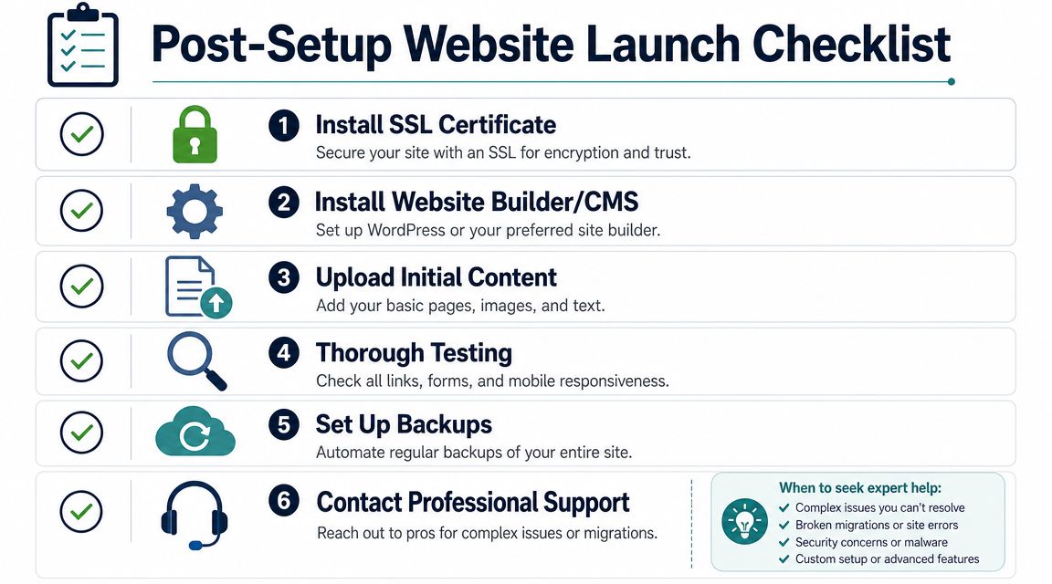 A six-step checklist for launching a website, including installing SSL, CMS, backups, and contacting professional support.