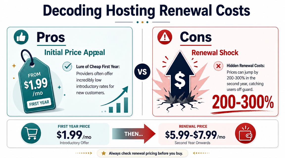 An infographic illustrating the price difference between introductory hosting offers and subsequent renewal costs for consumers.