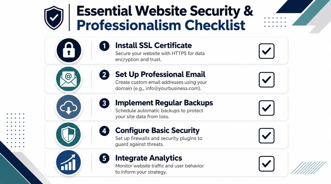 A checklist of five essential tasks for improving website security and professional branding for online businesses.