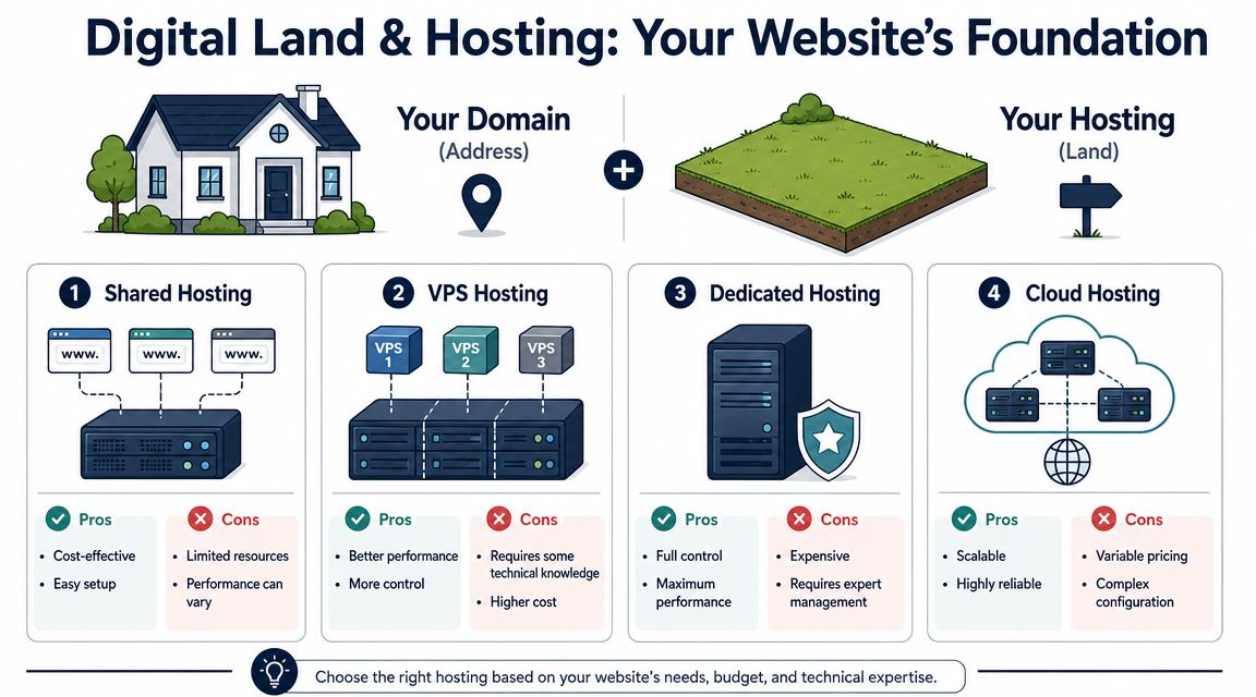 An infographic illustrating types of website hosting: shared, VPS, dedicated, and cloud, explaining pros and cons.