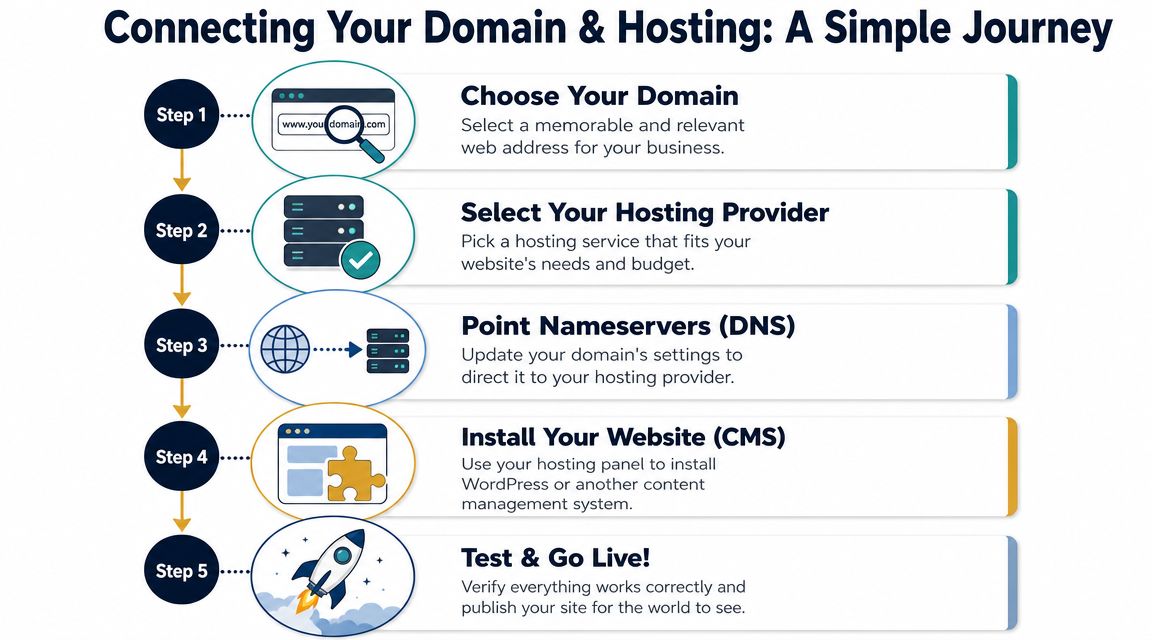An infographic illustrating the five-step process of connecting a domain name to a web hosting provider.