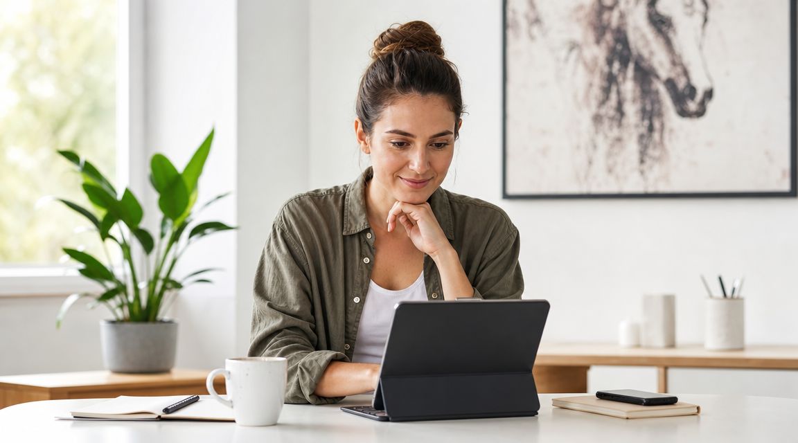 A woman working on a tablet at a bright, minimalist home office desk with a coffee cup.