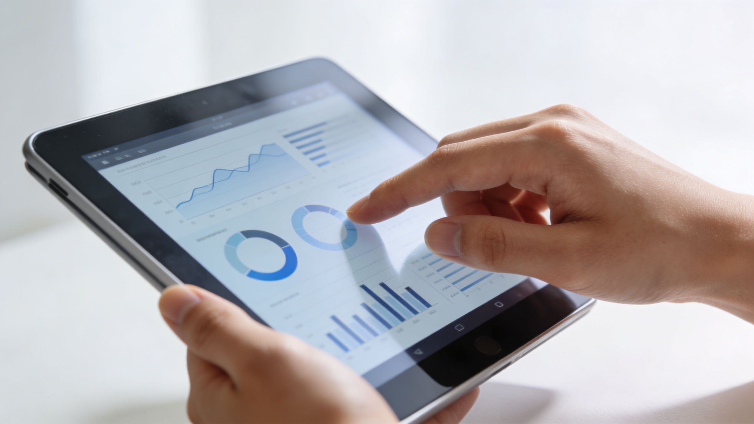A person using a tablet to analyze business data charts and financial metrics on a screen.