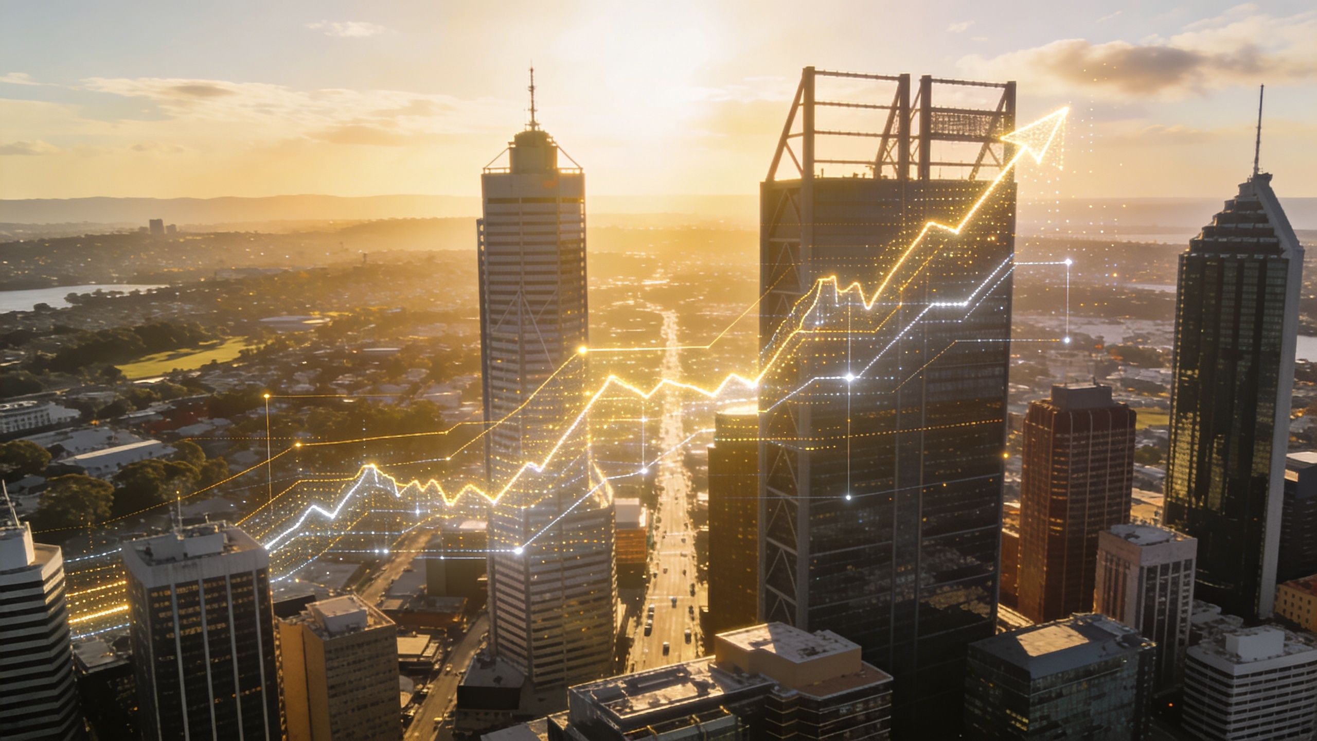A digital financial growth chart overlaying a city skyline at sunset representing economic success and technology.