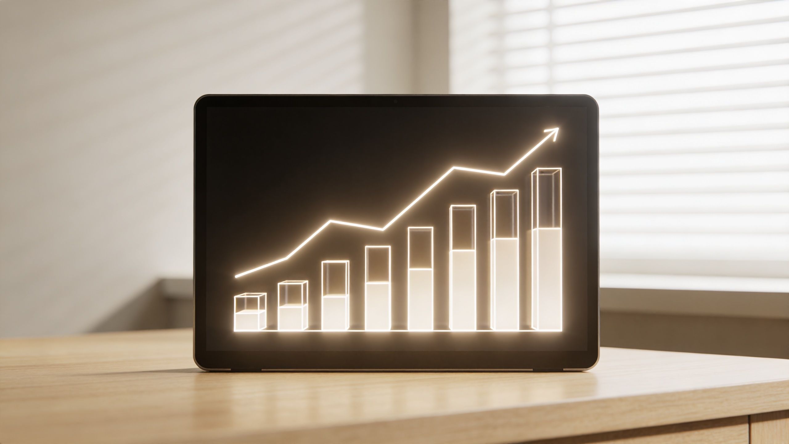 A digital tablet on a desk displays a glowing bar graph showing upward growth and progress trends.