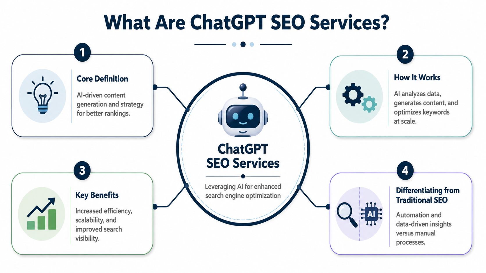 An infographic titled What Are ChatGPT SEO Services explaining its definition, process, benefits, and differences from traditional SEO.
