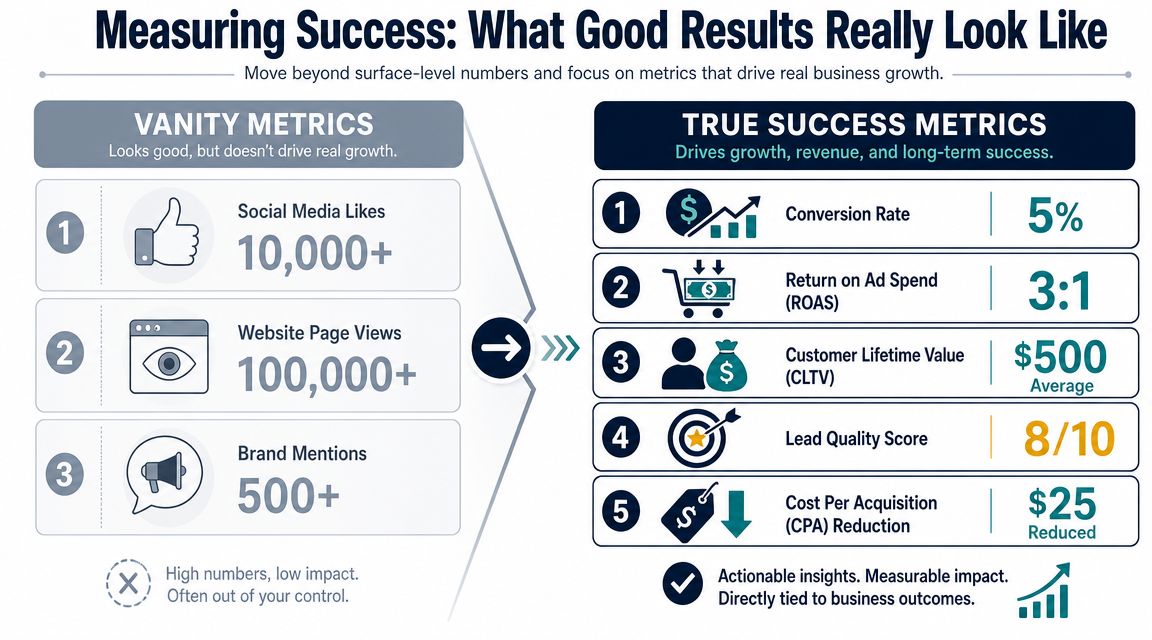 An infographic comparing vanity metrics versus true success metrics for measuring effective digital business growth.