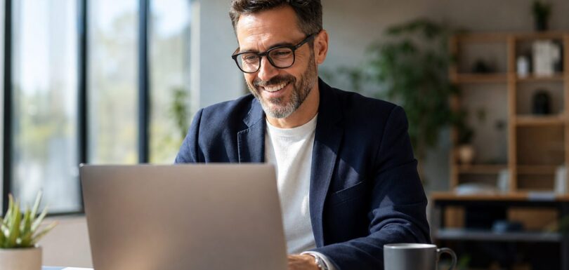 Business owner reviewing analytics on laptop in modern office