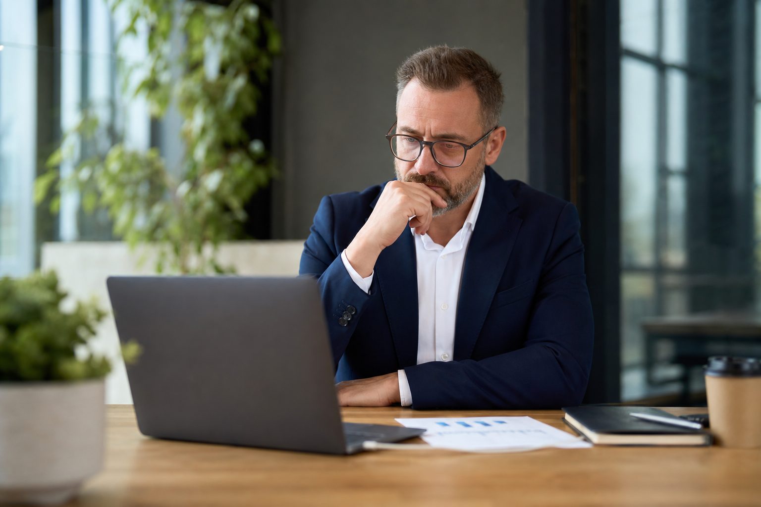 Business owner reviewing analytics on laptop in modern office