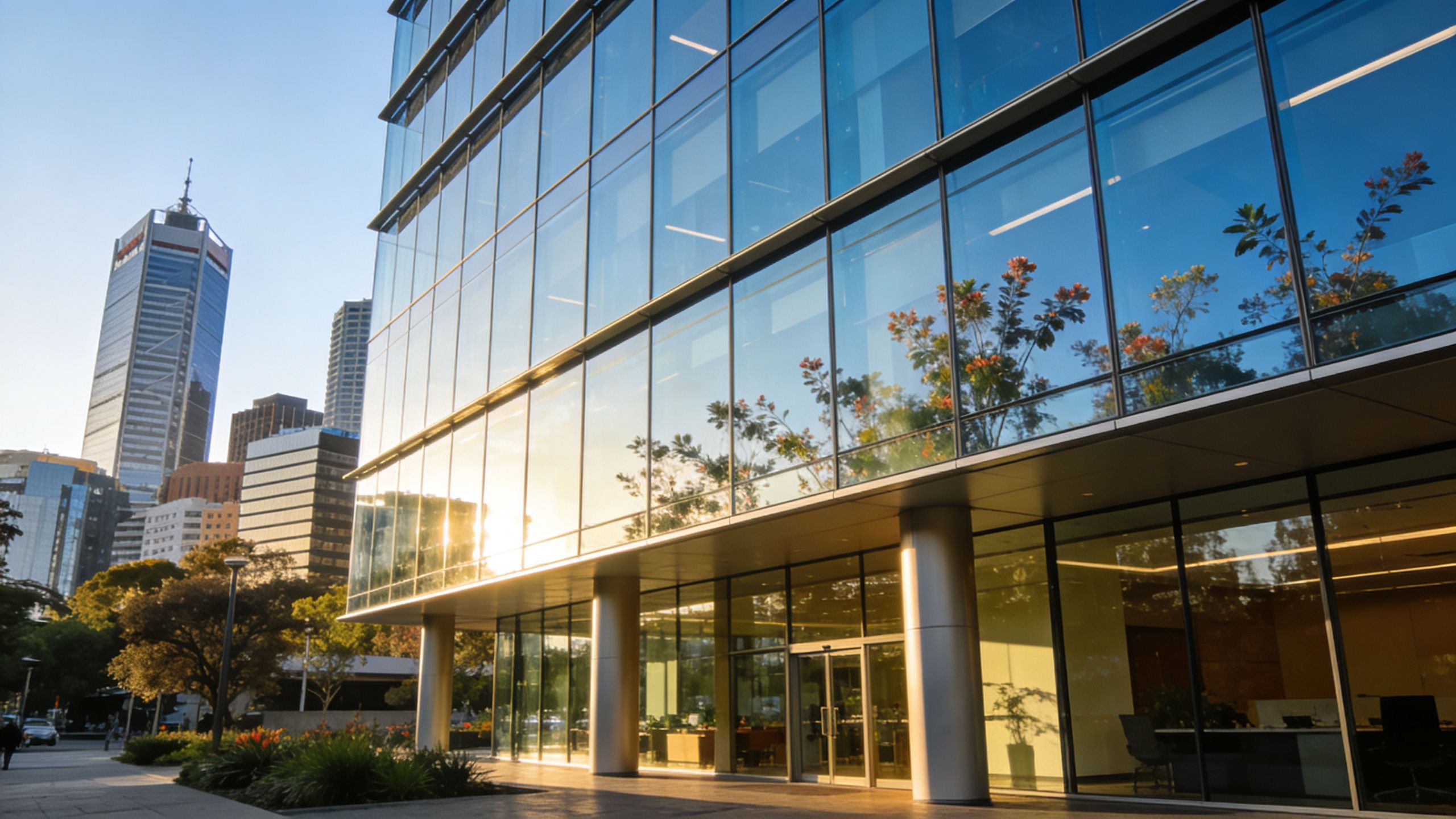 A modern glass office building reflects the surrounding city skyline and trees during a sunny day.