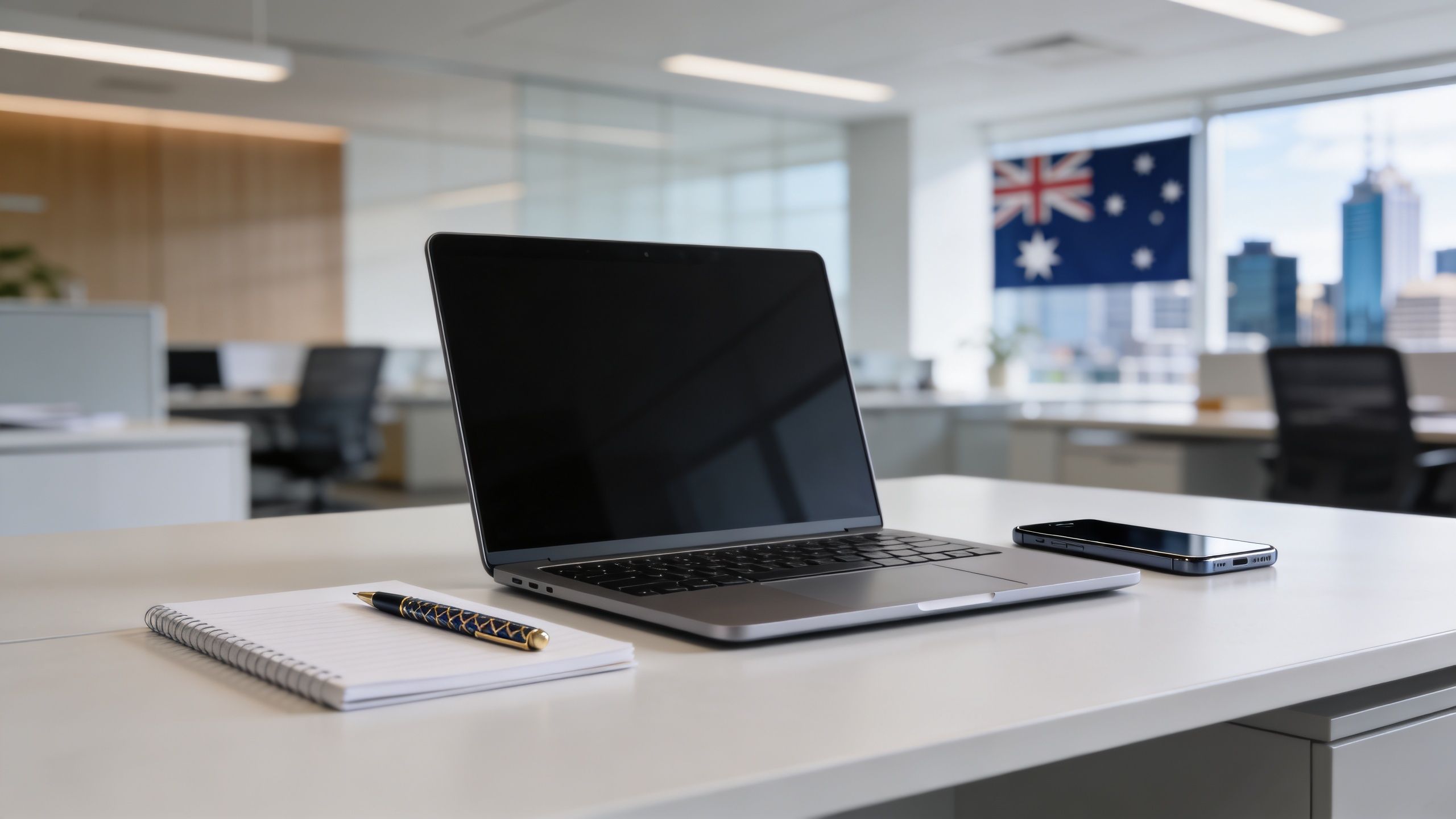 A modern office desk featuring a laptop, notebook, pen, and smartphone with an Australian flag in the background.
