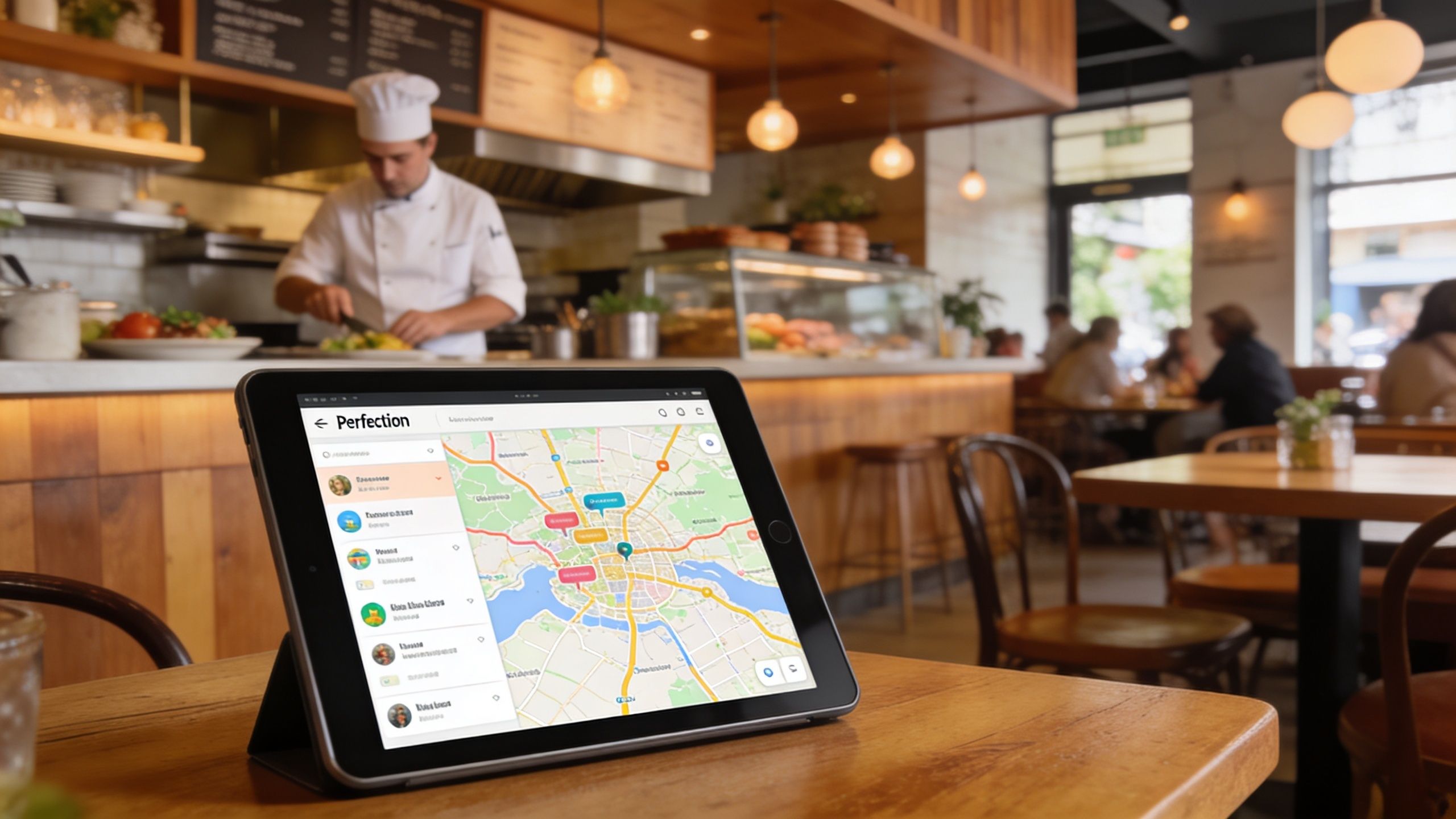 A digital tablet displaying a map interface sits on a wooden table in a restaurant kitchen.