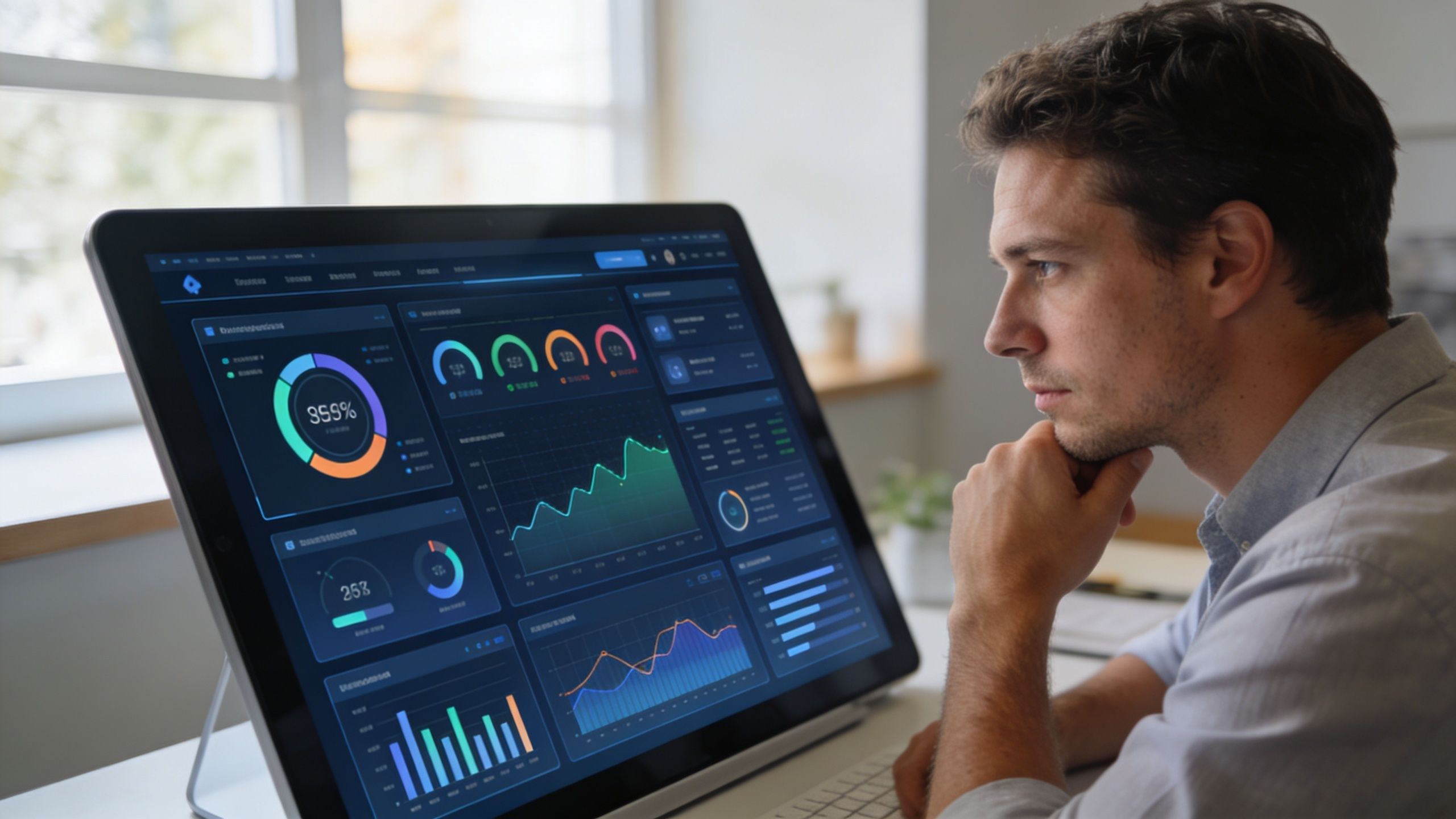 A professional man focused on his computer screen displaying complex data analytics and colorful business charts.