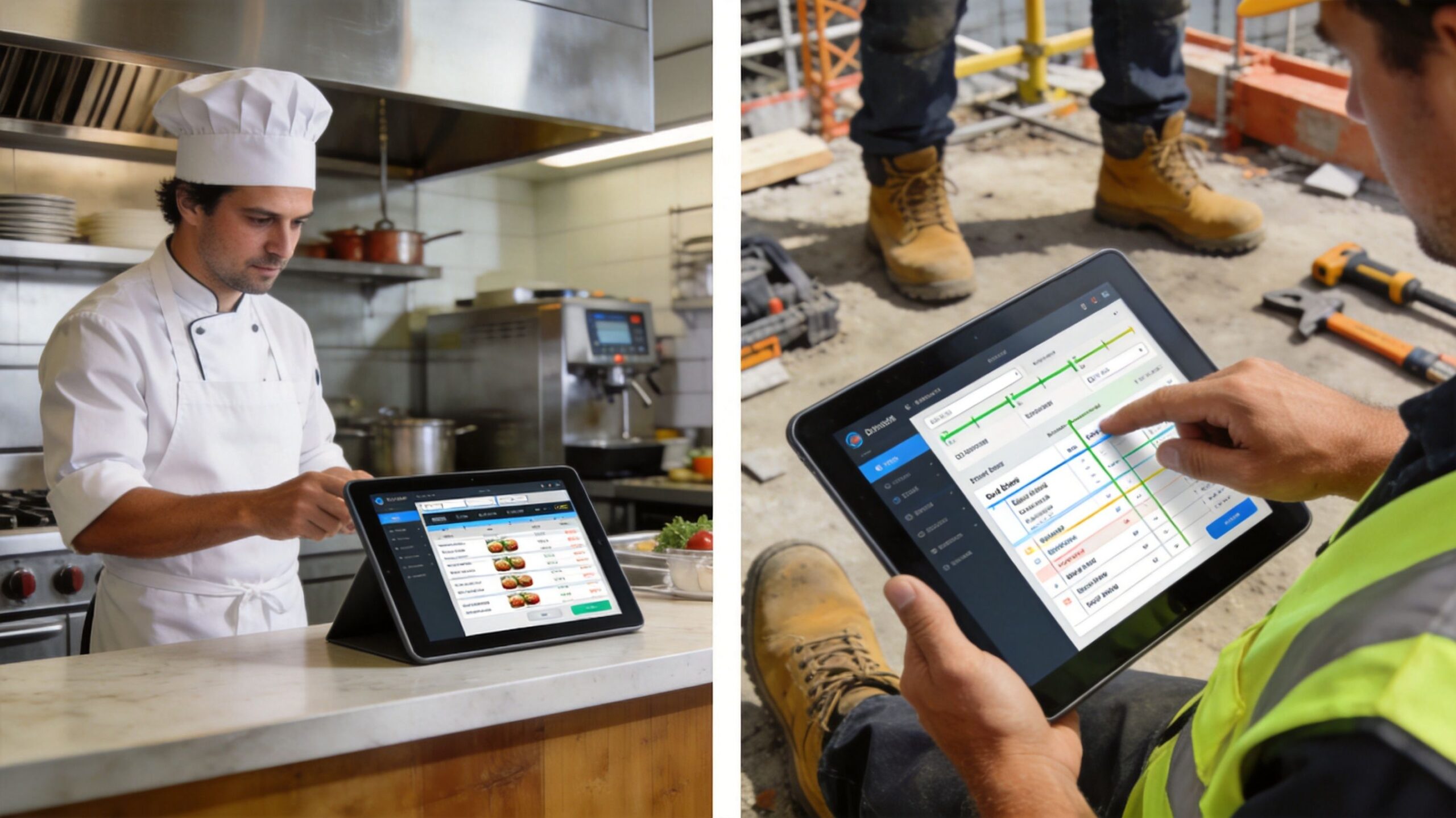 Split screen image showing a chef and a construction worker both using digital tablets for professional work.