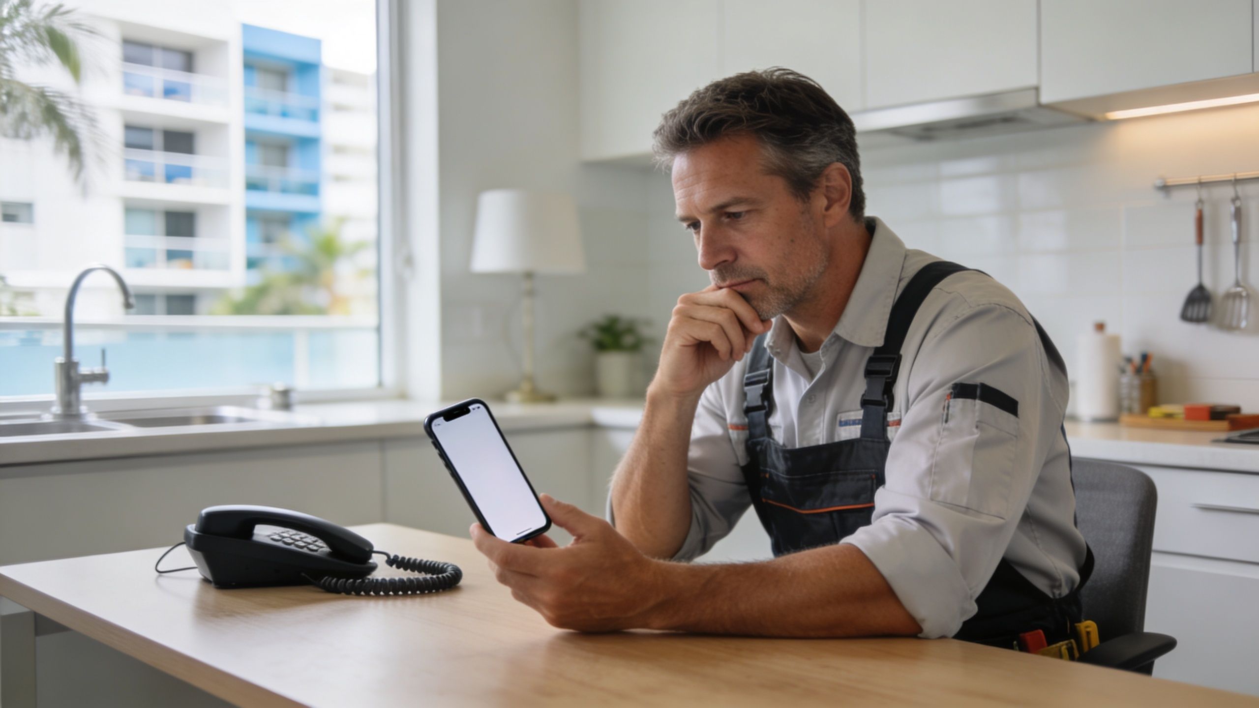 A focused man in work overalls looking at his smartphone while sitting at a wooden kitchen table.