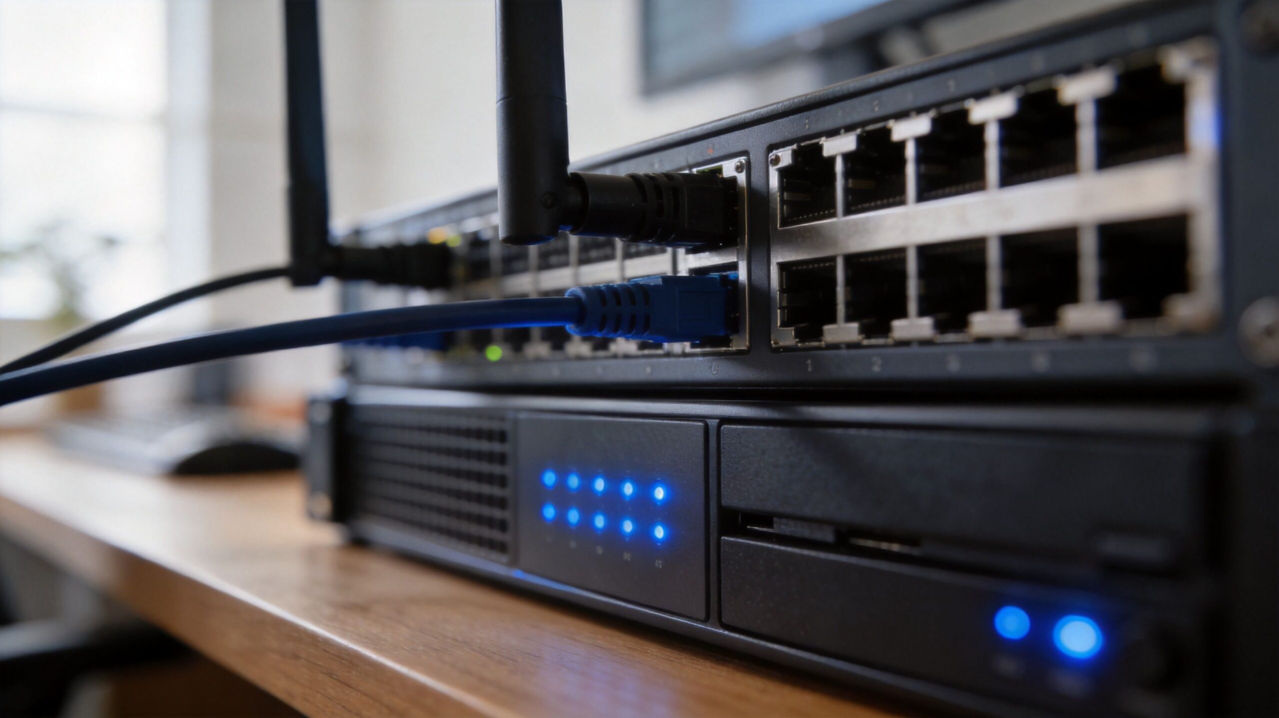 Close-up of a rack-mounted network switch and server equipment with blue LED lights on a desk.