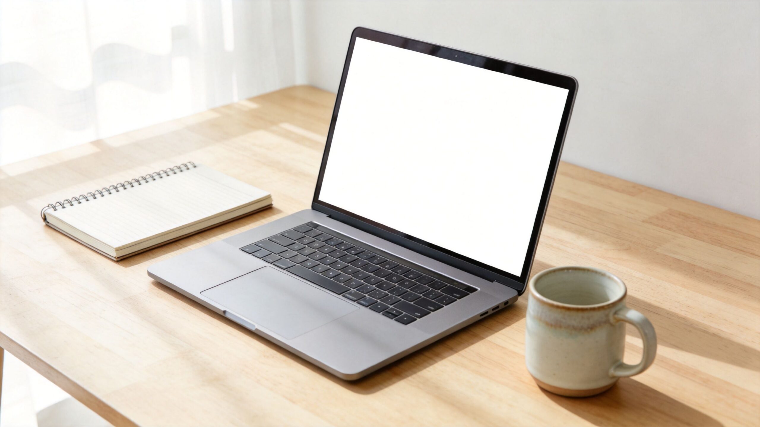A modern laptop with a blank white screen sits on a clean wooden desk near a notebook and mug.