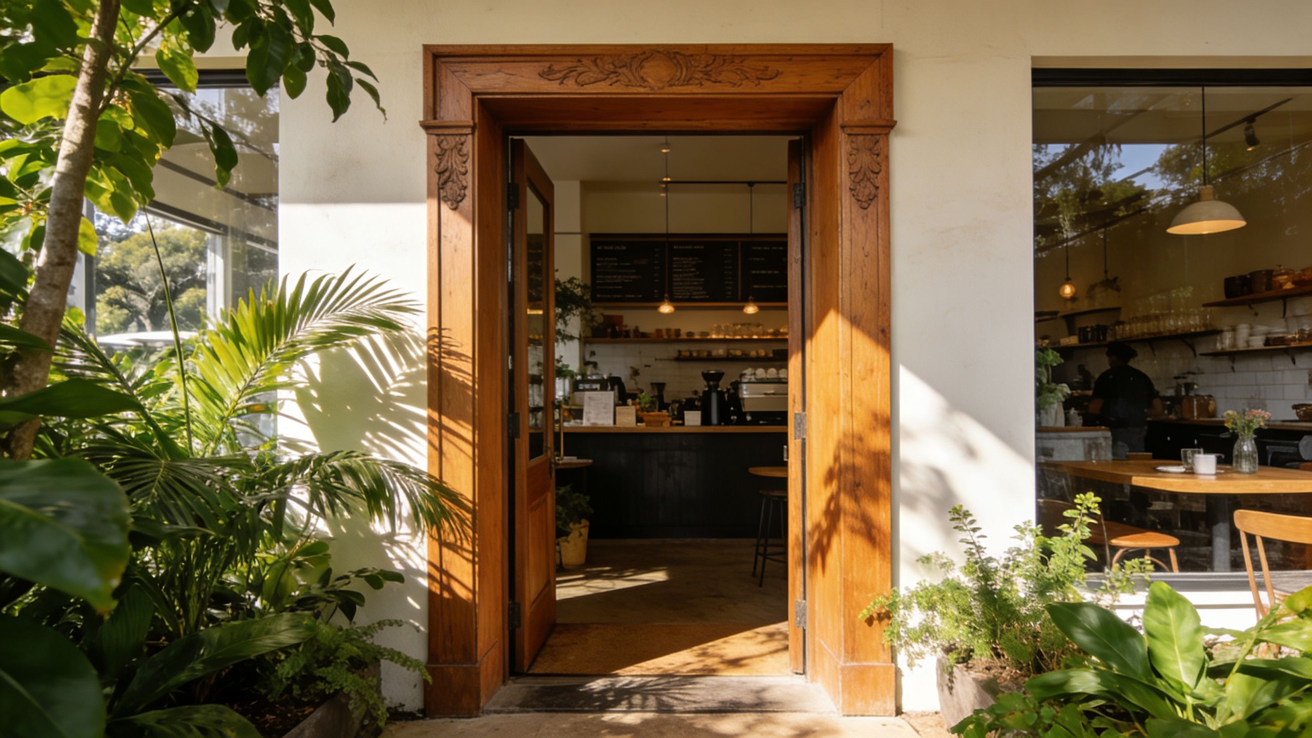 A warm and inviting entrance to a cafe with wooden door frames and lush green indoor plants.