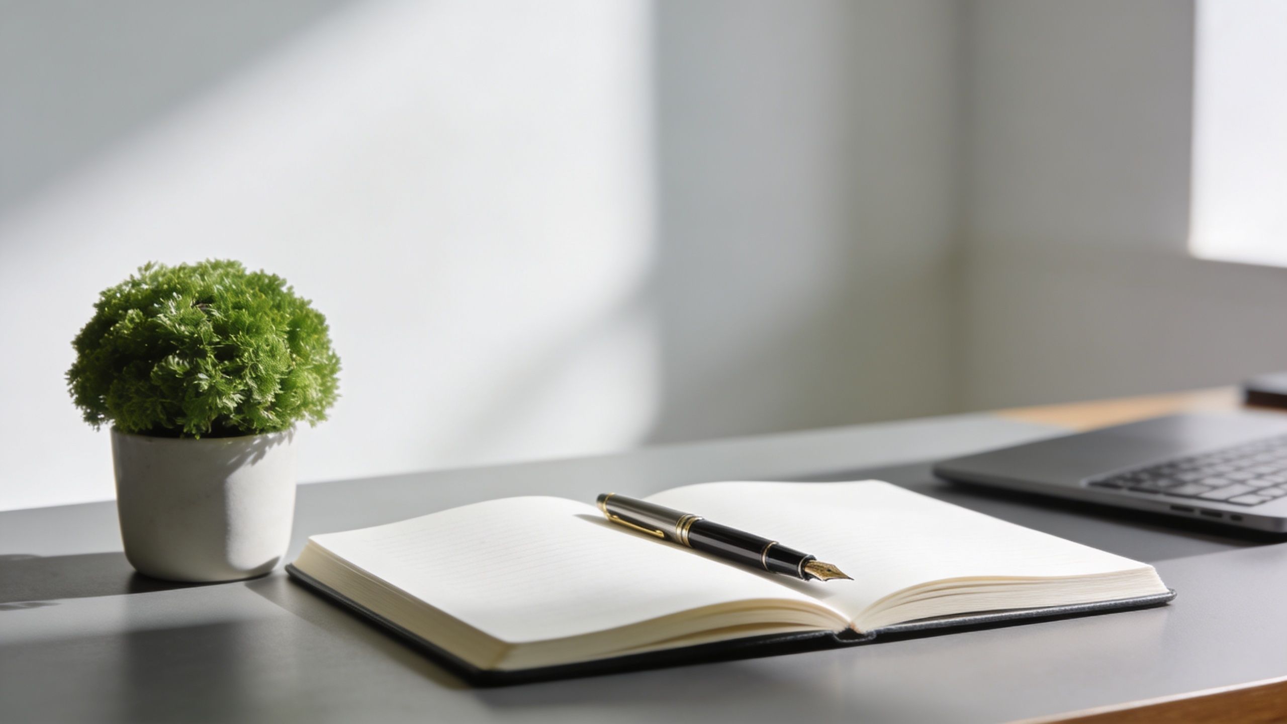 A minimalist office desk with a notebook, fountain pen, a small potted plant, and a laptop.