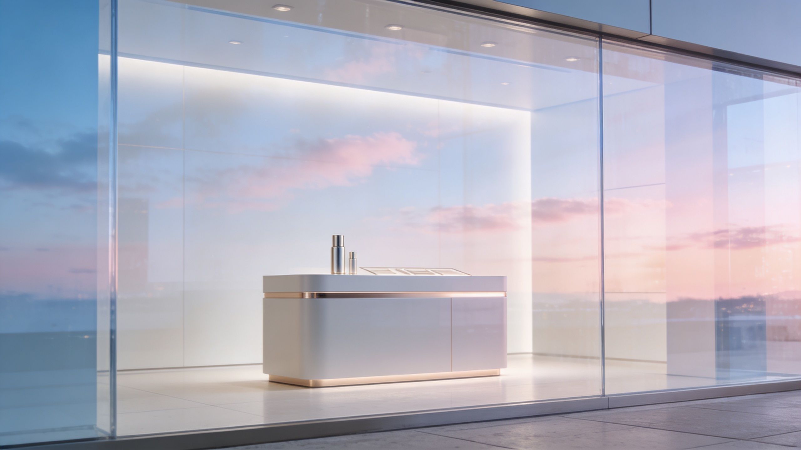 A modern, minimalist retail display counter sits behind a large glass storefront at sunset.
