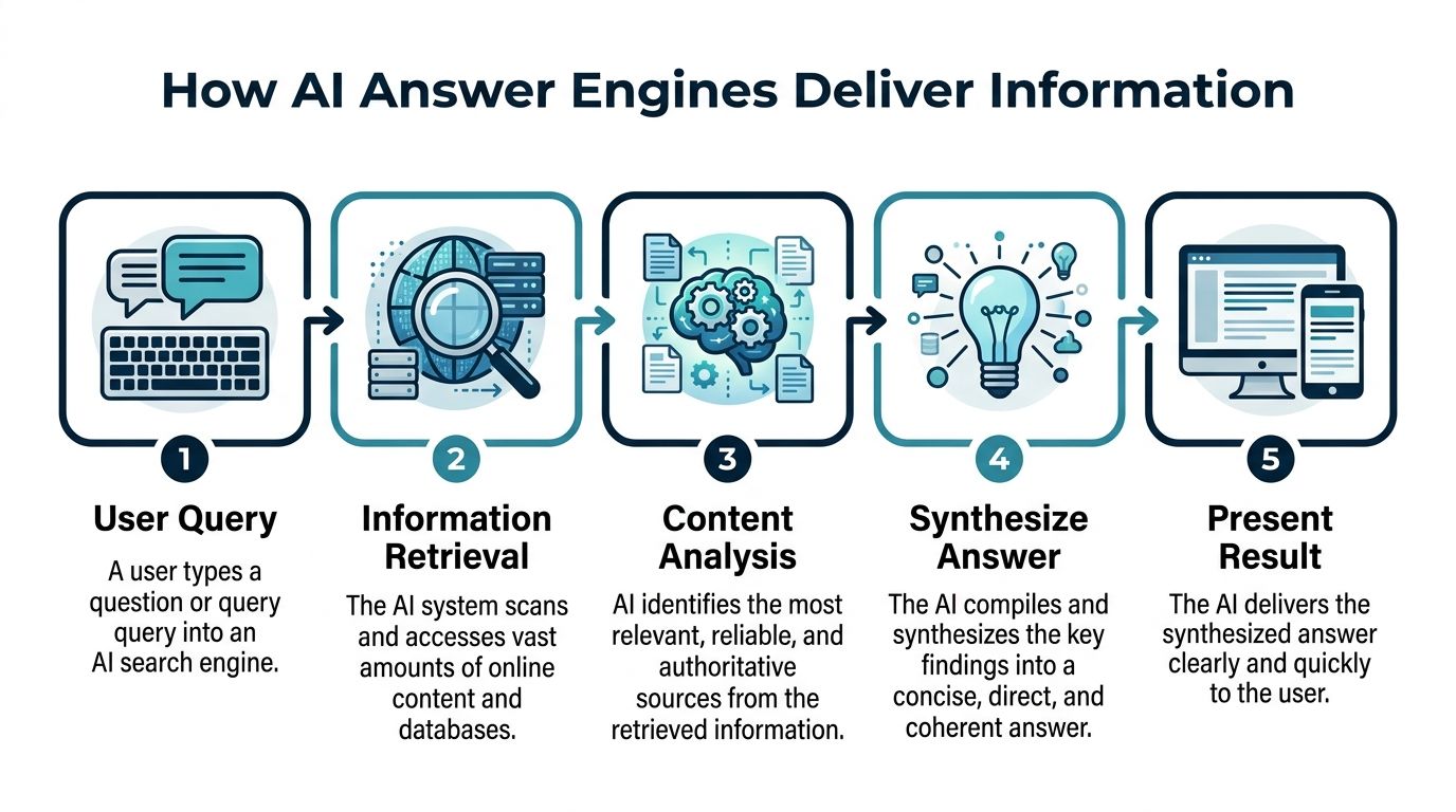 A five-step flowchart illustrating how AI answer engines process user queries and deliver information to users.